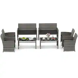 Costway - 8 PCS Patio Conversation Set with Seat Cushions & Tempered Glass Tabletop, Outdoor - Black,Gray