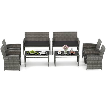 Front. Costway - Costway 8 PCS Patio Conversation Set with Seat Cushions & Tempered Glass Tabletop, Outdoor - Black,Gray.