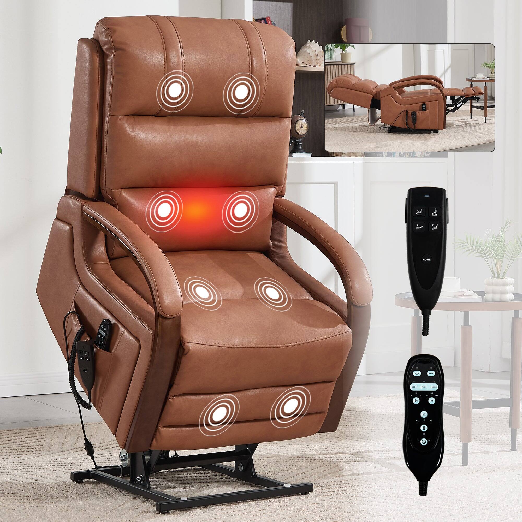 Alt View 1. Boyel Living - Orange Leatheraire Dual Motor Power Lift Recliner, Heat & Massage, Solid Wood Arms, Infinite Positions, 350 lbs Capacity - Orange.