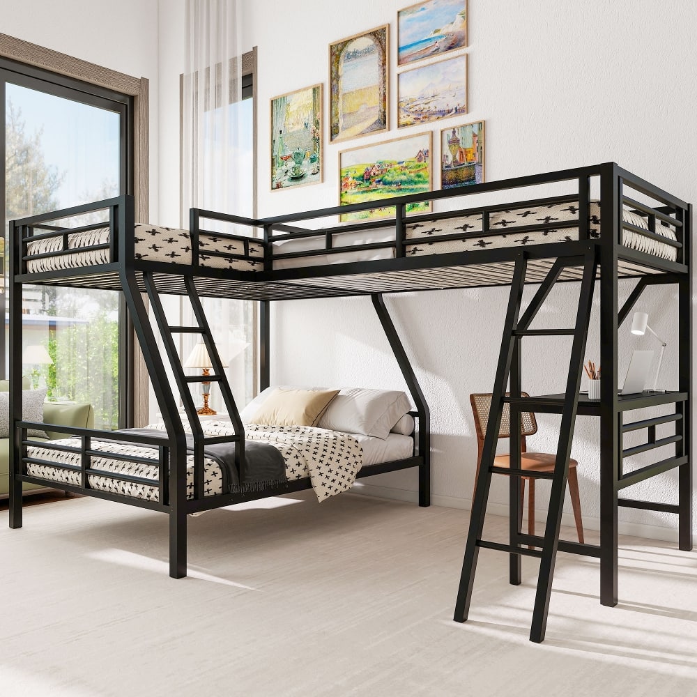 Loheer - Twin Over Full Bunk Bed with Desk Metal L-Shaped Triple Loft Bed - Black