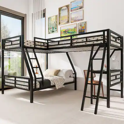 Front. Loheer - Loheer Twin Over Full Bunk Bed with Desk Black Metal L-Shaped Triple Loft Bed - Black.