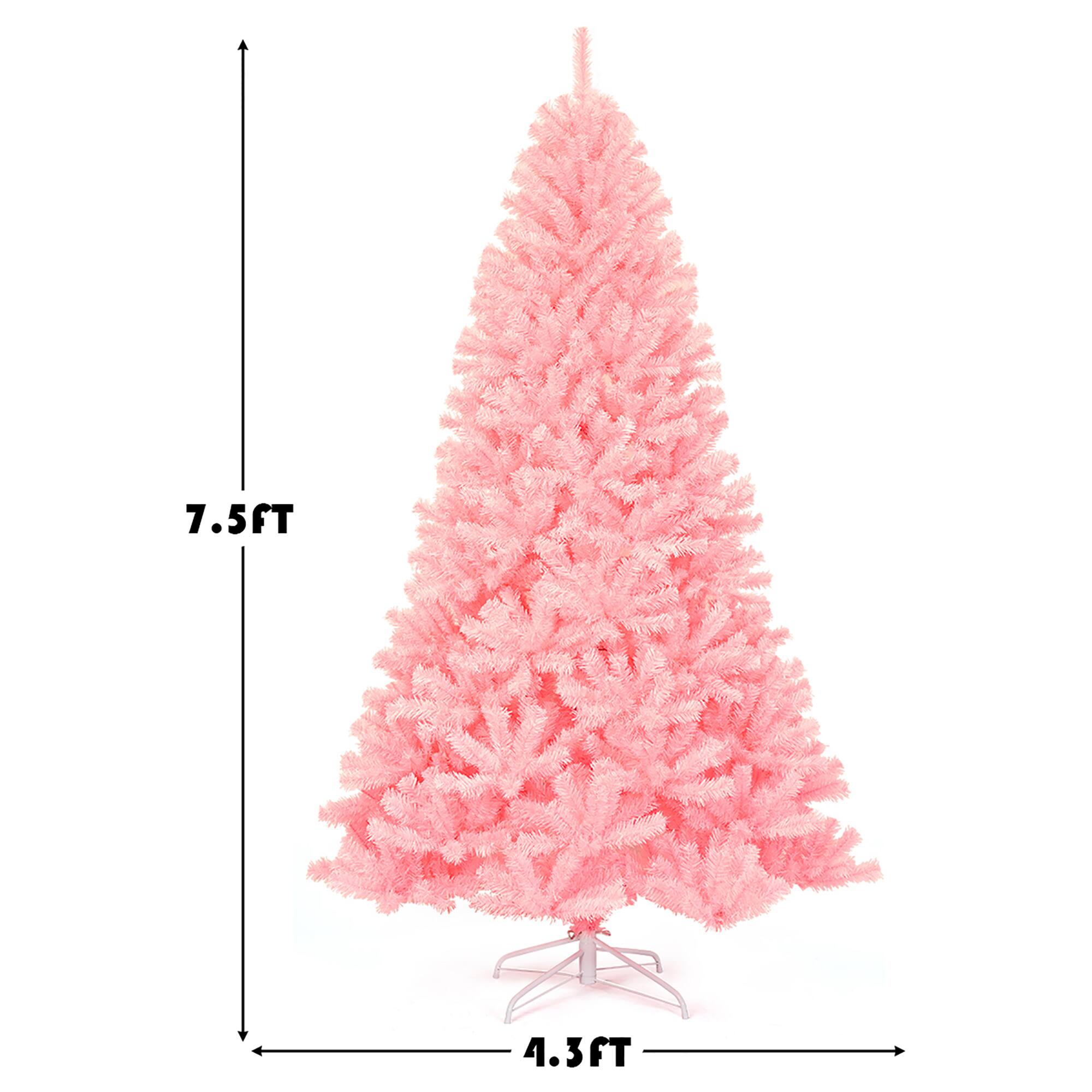 The text on the image reads "7.5FT 4.3FT," which indicates that the pink Christmas tree is 7.5 feet tall and 4.3 feet wide.