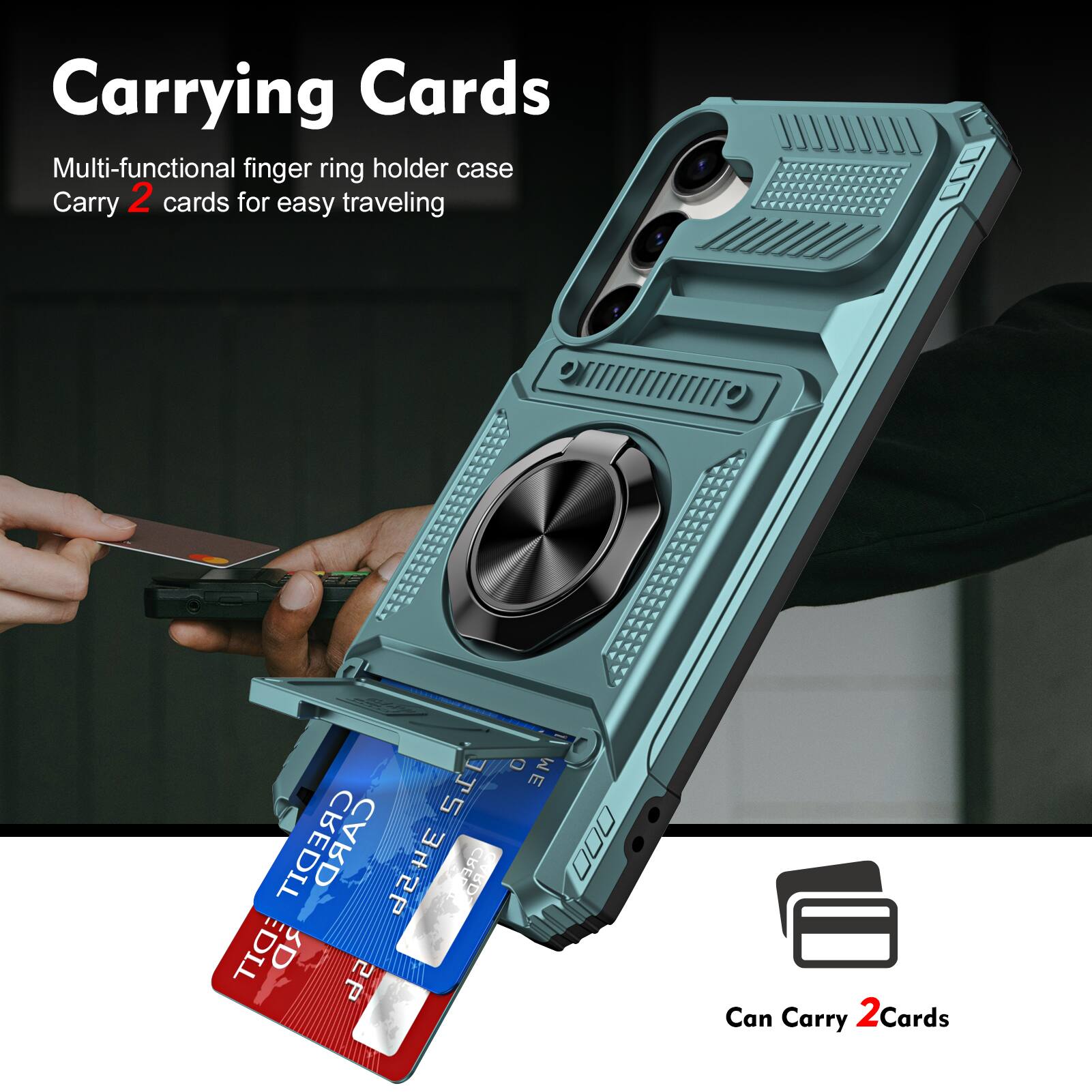 Carrying Cards  
Multi-functional finger ring holder case  
Carry 2 cards for easy traveling  

Can Carry 2 Cards