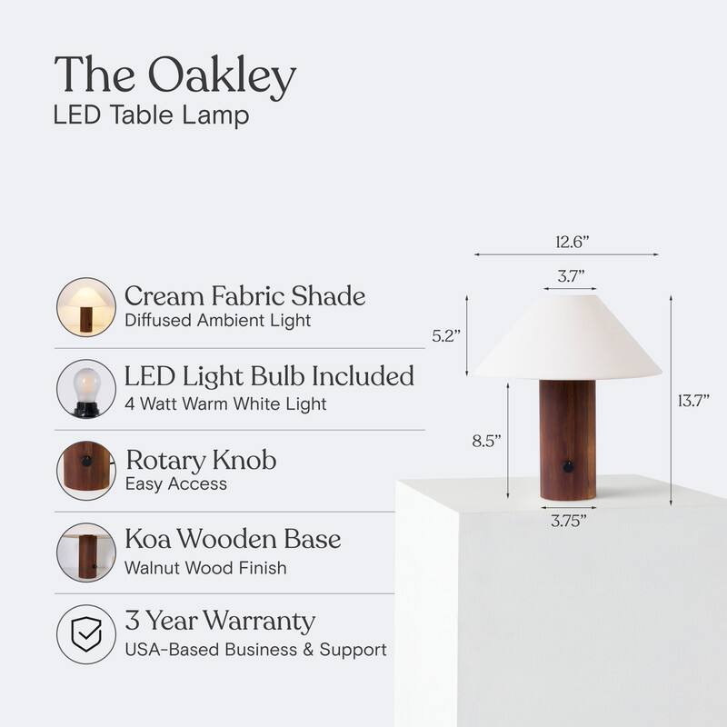 The Oakley LED Table Lamp

- Cream Fabric Shade: Diffused Ambient Light
- LED Light Bulb Included: 4 Watt Warm White Light
- Rotary Knob: Easy Access
- Koa Wooden Base: Walnut Wood Finish
- 3 Year Warranty: USA-Based Business & Support

Dimensions:
- Height: 13.7"
- Shade Diameter: 12.6" (top) x 5.2" (bottom)
- Base: 8.5" x 3.75"