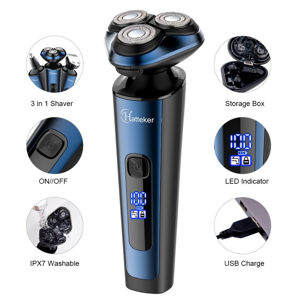 Hatteker
3 in 1 Shaver
Storage Box
ON//OFF
LED Indicator
IPX7 Washable
USB Charge