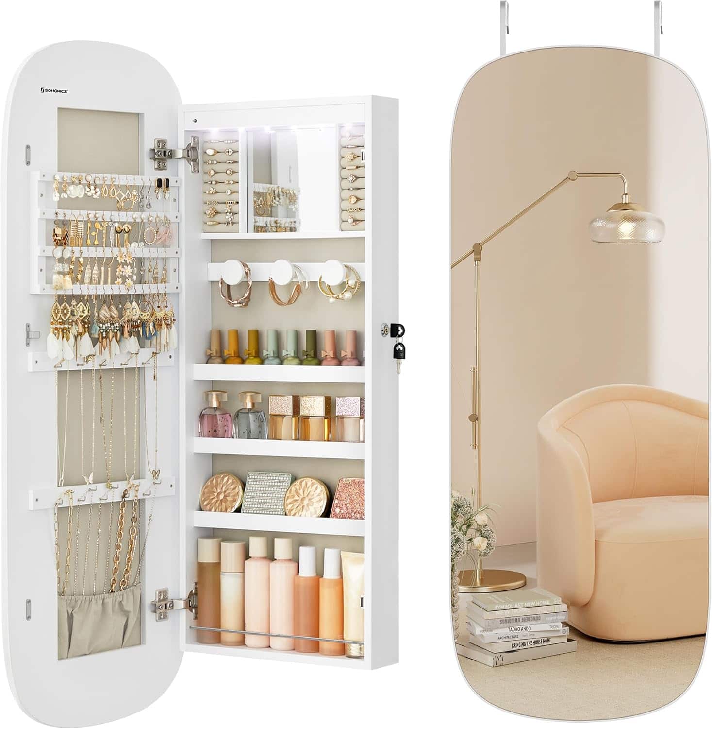 Songmics Home - SONGMICS LED Jewelry Organizer Cabinet – Wall/Door Mounted with Lockable Rounded Mirror, White - Cloud White