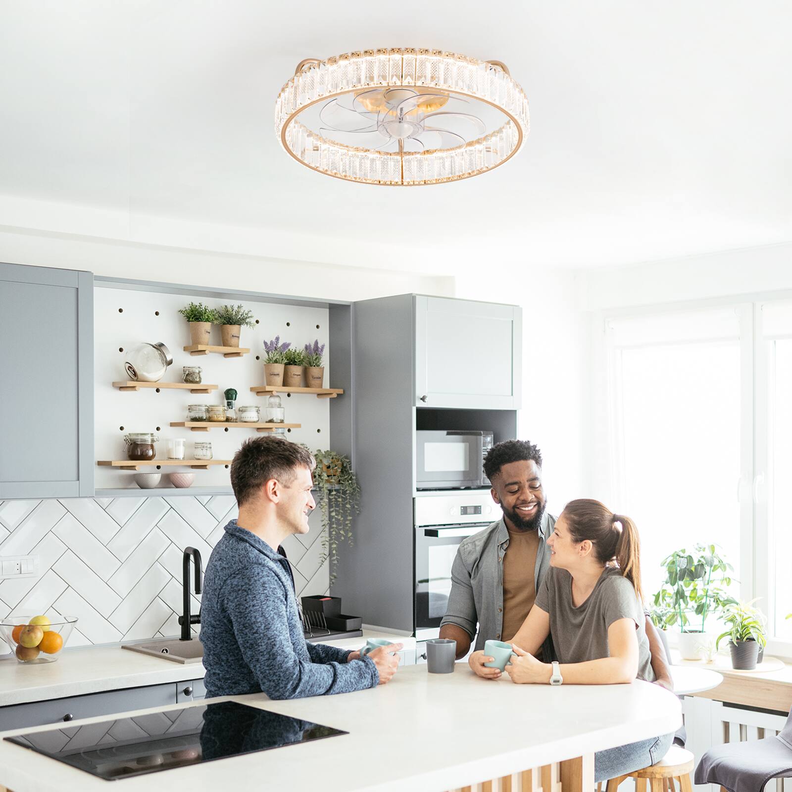 Alt View 6. Breezary - 20-Inch Modern Flush Mount Crystal Cage Fan with LED Light, Remote, 7 Transparent Blades, 6-Speed DC Motor - Golden.