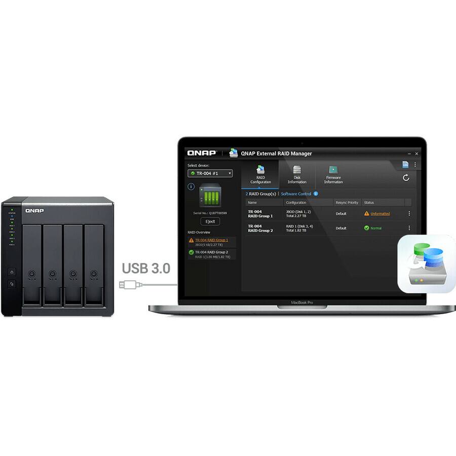 Sure, here is the corrected and grouped text from the image:

---

**ONAP External RAID Manager**

**Select device:**
- TR-004 #1

**RAID Overview**
- TR-004 RAID Group 1
- TR-004 RAID Group 2

**RAID Group(s)**
- RAID Group 1
  - Total: 3.37 TB
  - RAID: 1 (Disk 1, 2)
- RAID Group 2
  - Total: 1.82 TB
  - RAID: 1 (Disk 3, 4)

**Disk Information**
- TR-004 (Disk 1, 2)
  - Size: 3.00 TB
  - Status: Unformatted
- TR-004 (Disk 3, 4)
  - Size: 1.82 TB
  - Status: Unformatted

**Software Control**
- Configuration
- Rebuild Priority: Default
- Status: Unformatted

**Serial No.: 03760099**

**Eject**

**USB 3.0**

**MacBook Pro**

---