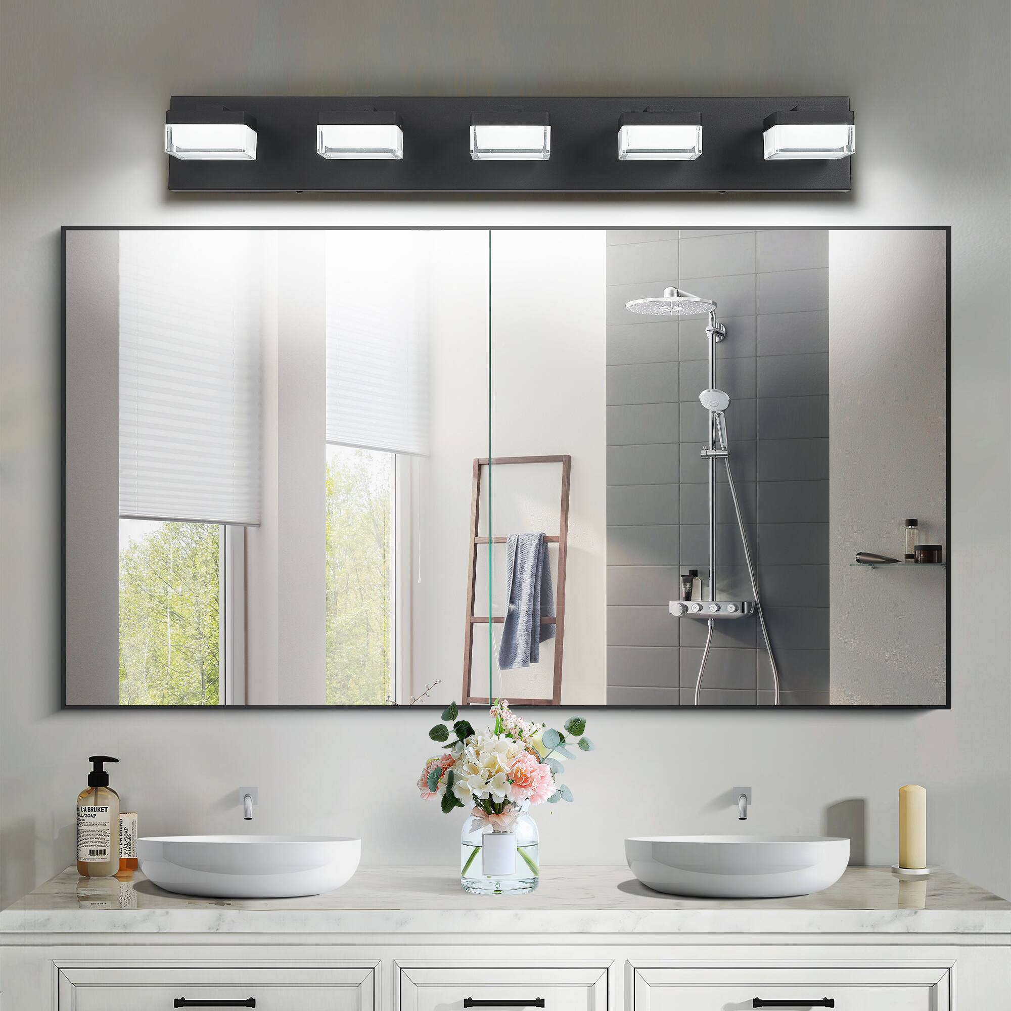 Angle. HOMLUX - 31.5 in. 5 Lights Black LED Vanity Light Bar with Acrylic Shade.
