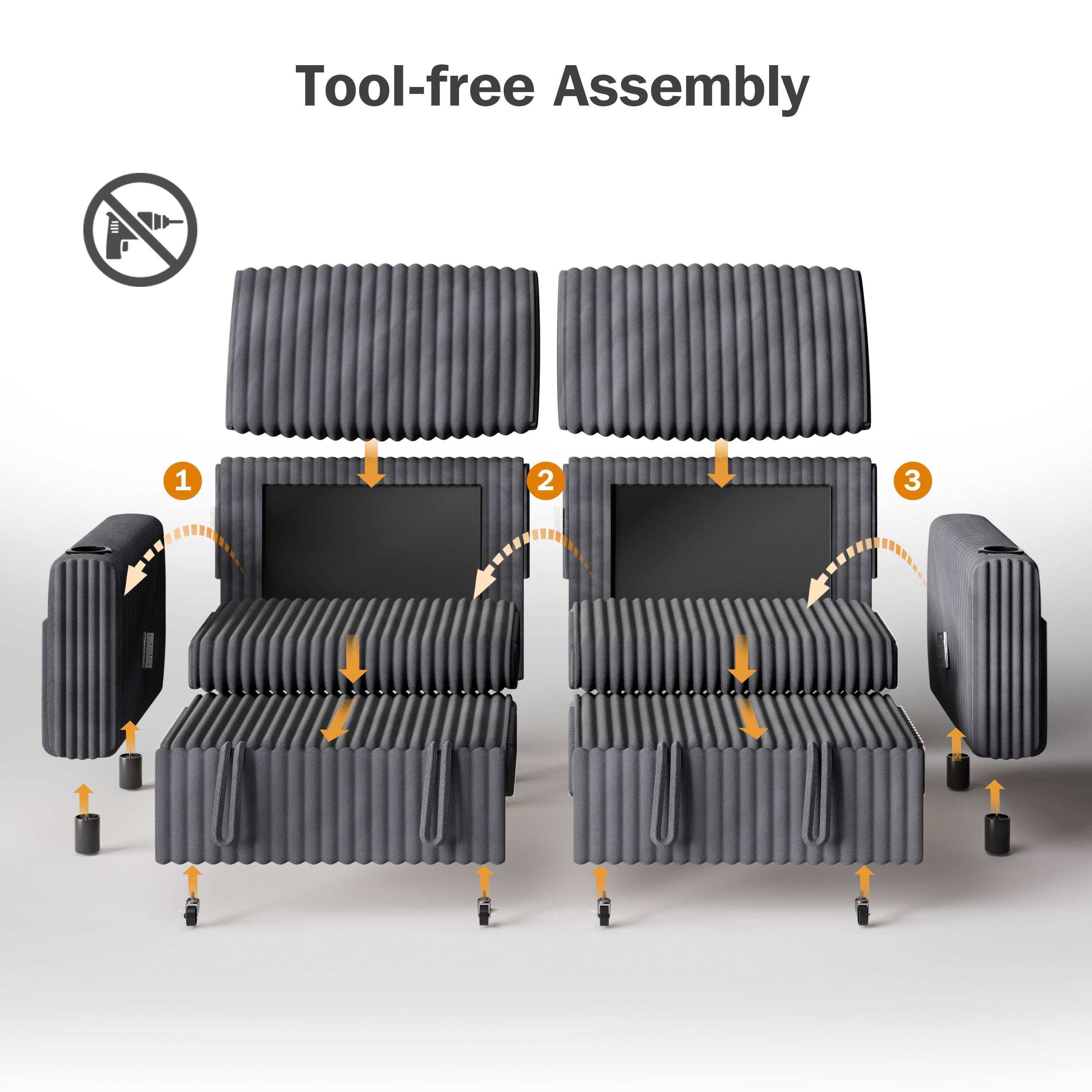 Tool-free Assembly

1. Place the base.
2. Attach the middle section.
3. Add the top section.