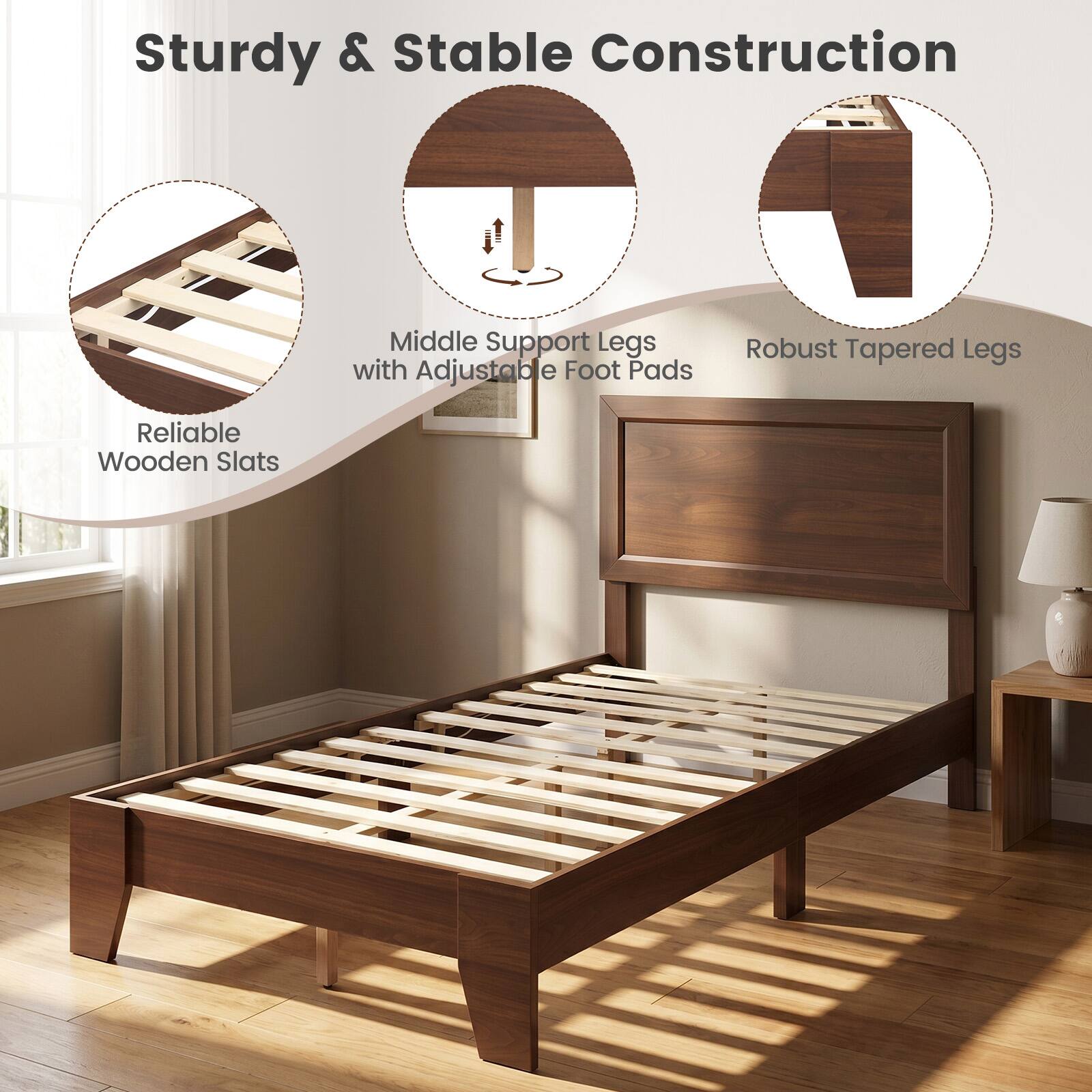 Sturdy & Stable Construction  
Middle Support Legs with Adjustable Foot Pads  
Robust Tapered Legs  
Reliable Wooden Slats