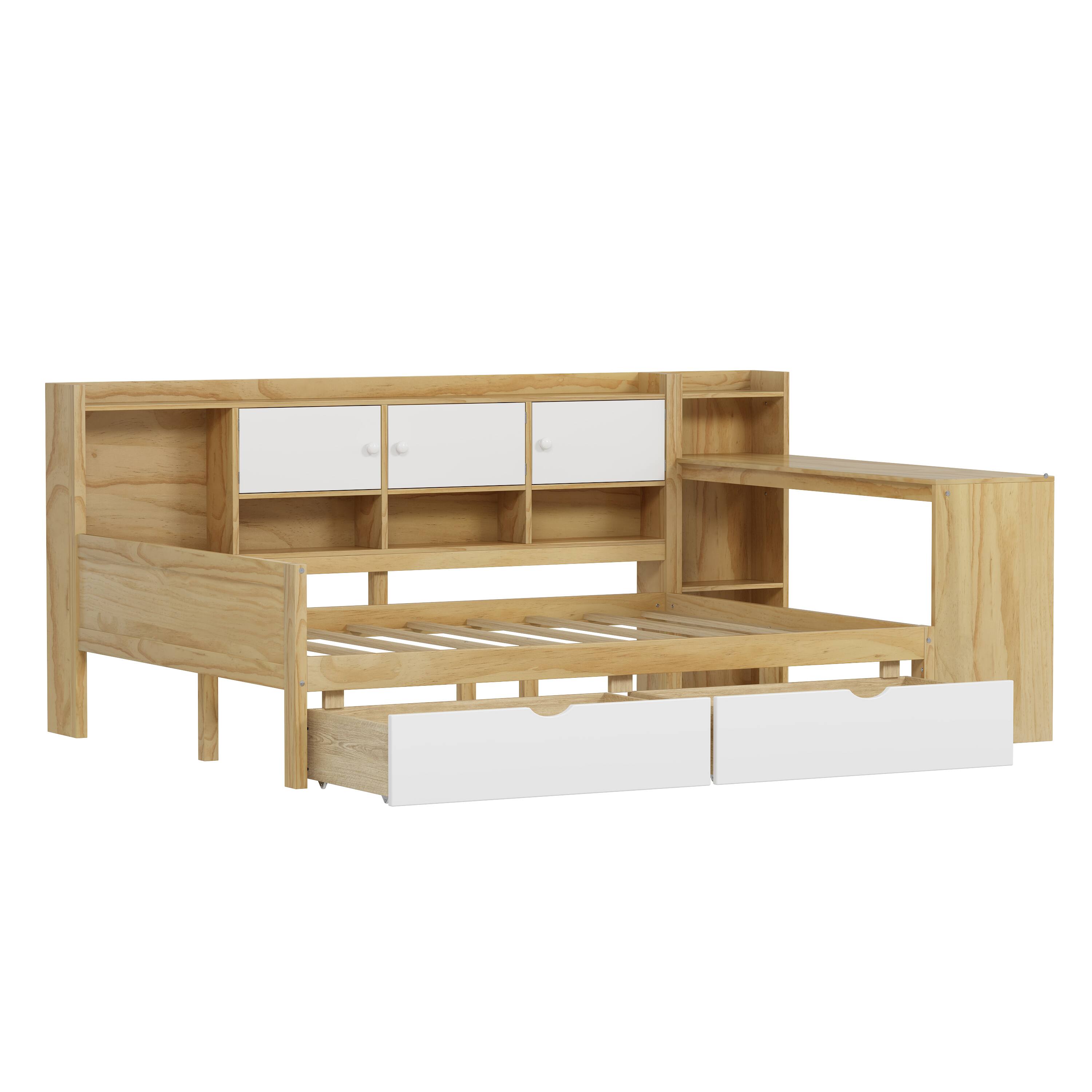 Alt View 1. Tiramisubest - Wooden L-Shape Daybed with Storage Cabinets and Drawers, Multi-functional Bed with Study Desk and Built-in Bookshelf - Natural+White.