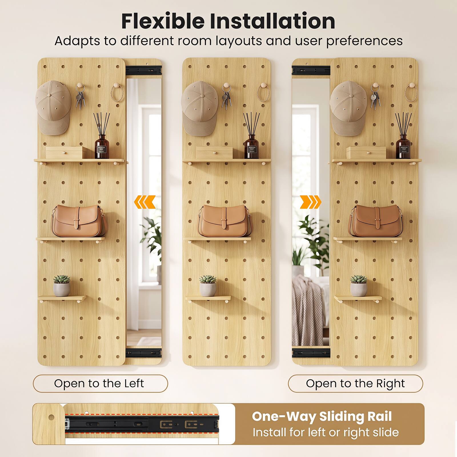 Flexible Installation  
Adapts to different room layouts and user preferences

Open to the Left  
Open to the Right

One-Way Sliding Rail  
Install for left or right slide