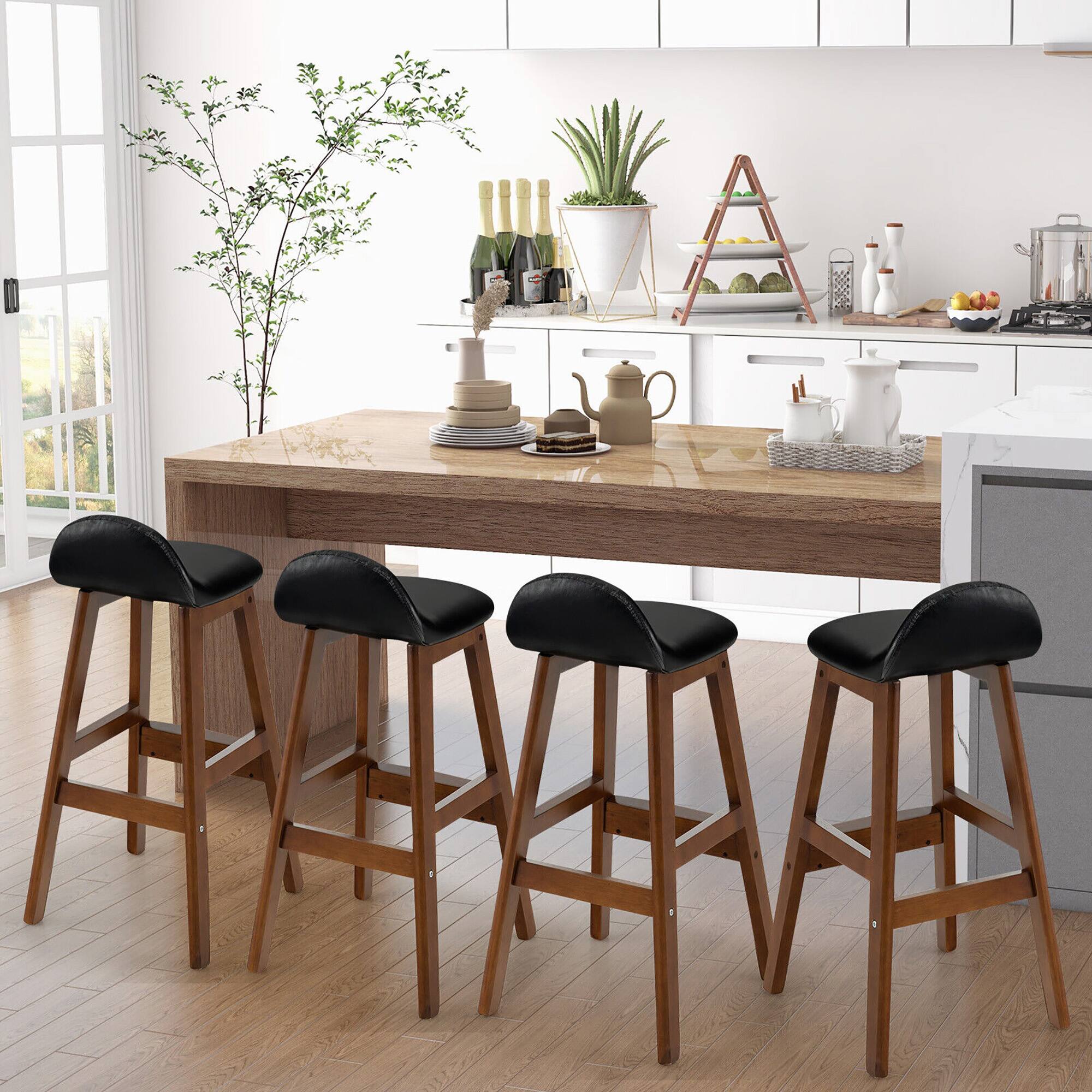 Alt View 2. Gymax - Gymax Set of 4 Upholstered PU Leather Barstools 27.5'' Wooden Dining Chairs Black & Brown - Black + Brown.