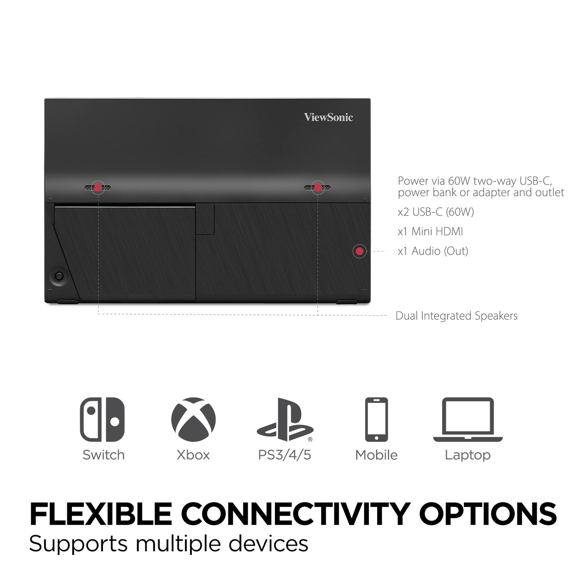 ViewSonic c5

Power via 60W two-way USB-C, power bank or adapter and outlet  
x2 USB-C (60W)  
x1 Mini HDMI  
x1 Audio (Out)  
Dual Integrated Speakers  

FLEXIBLE CONNECTIVITY OPTIONS  
Supports multiple devices  

Switch  
Xbox  
PS3/4/5  
Mobile  
Laptop