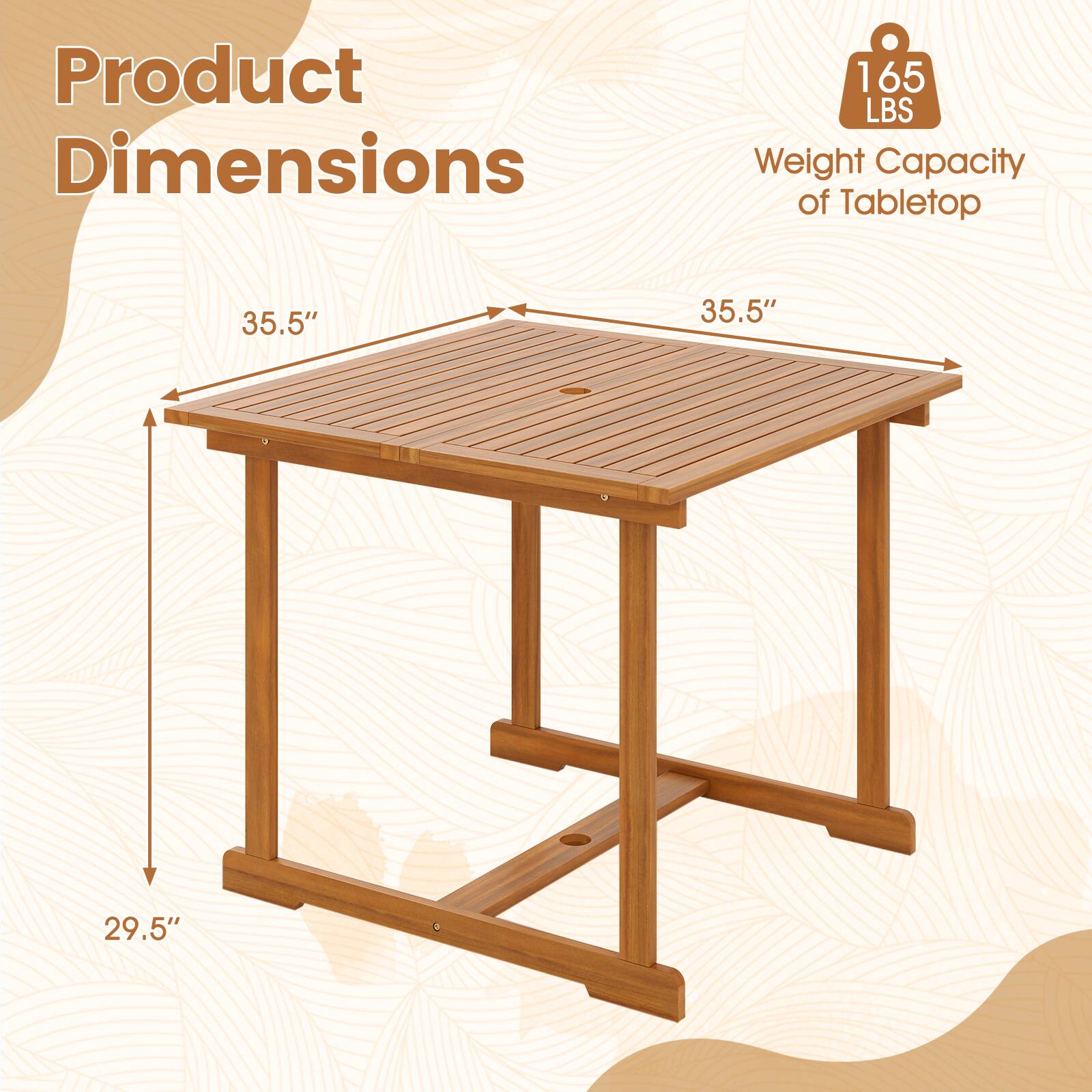 Product Dimensions

165 LBS Weight Capacity of Tabletop

35.5"  
35.5"  
29.5"