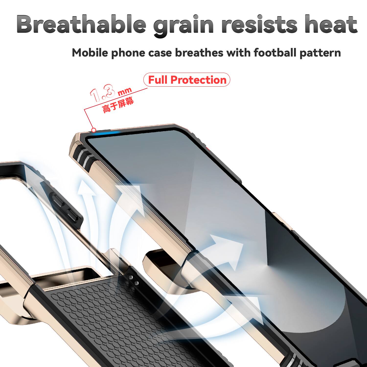 Breathable grain resists heat  
Mobile phone case breathes with football pattern  
Full Protection  
1.3 mm