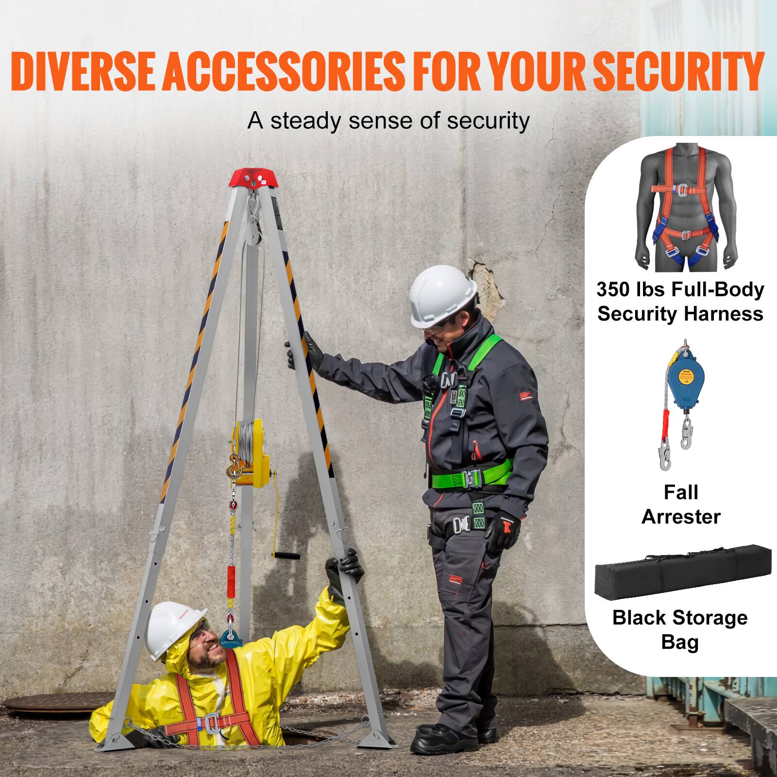 DIVERSE ACCESSORIES FOR YOUR SECURITY  
A steady sense of security  

1 - 350 lbs Full-Body Security Harness  
MEE 5A  
300 DE 1  
Fall Arrester  
Black Storage Bag
