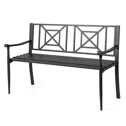 Front. Gymax - Gymax 51'' Metal Bench Slatted Garden Bench for 2-3 People Patio Park-Style Loveseat - Black.