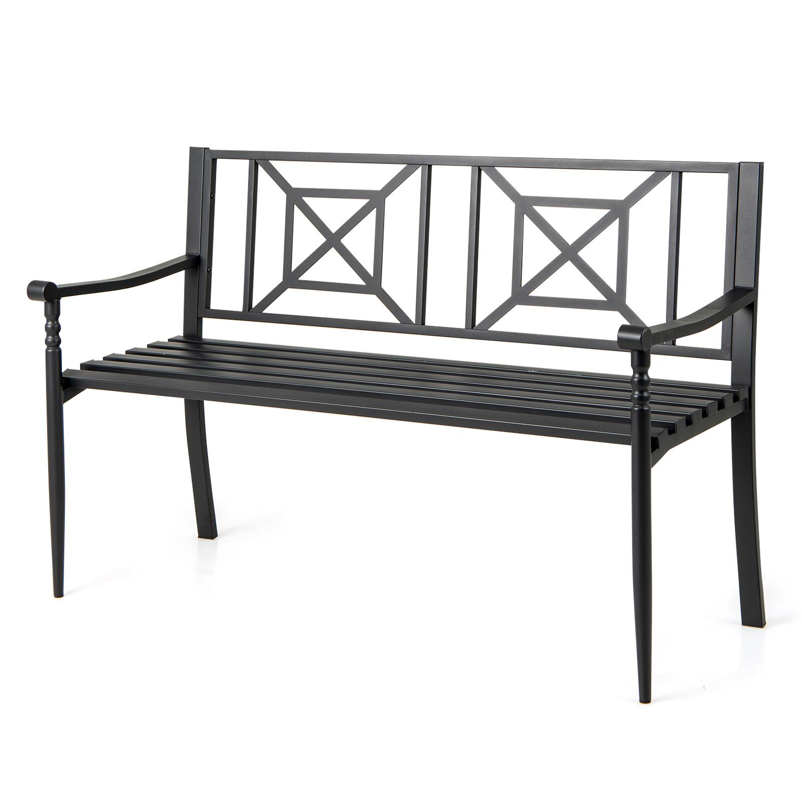Front. Gymax - Gymax 51'' Metal Bench Slatted Garden Bench for 2-3 People Patio Park-Style Loveseat - Black.