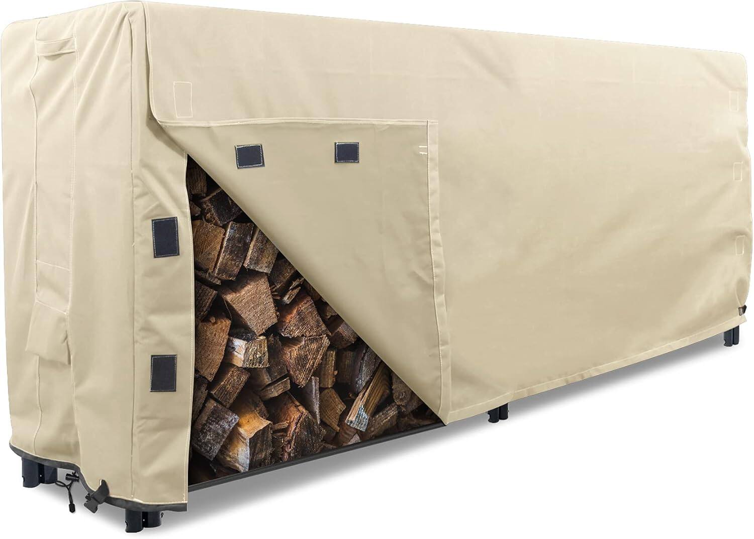Back. KHOMO GEAR - 8-Foot Log Rack Cover - Waterproof Heavy Duty Firewood Storage Protector - Fits 8ft Log Racks - Beige.