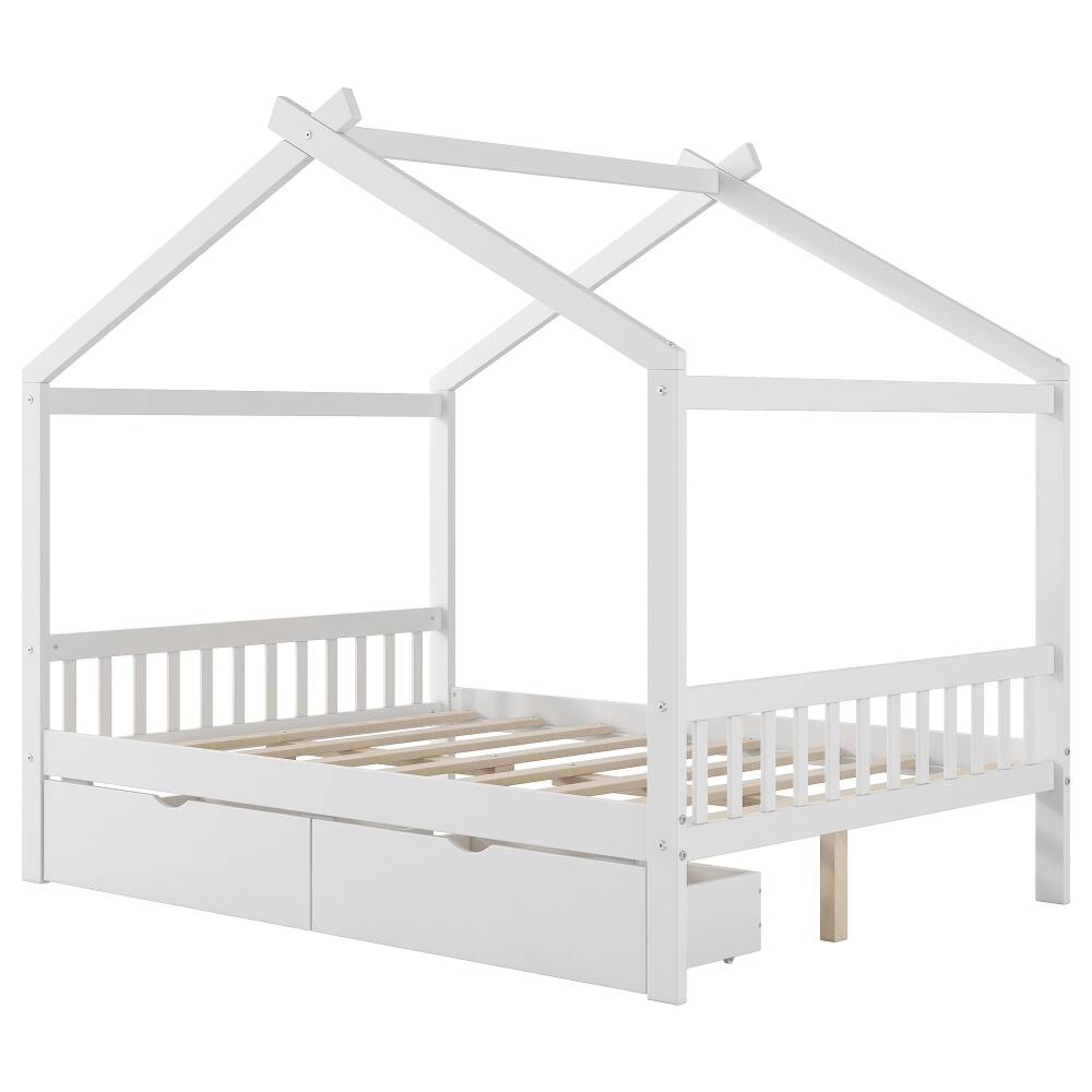 Alt View 10. Loheer - Loheer Full Size House Platform Bed with Two Drawers, Roof Design White Bed Frame for Kids - White.