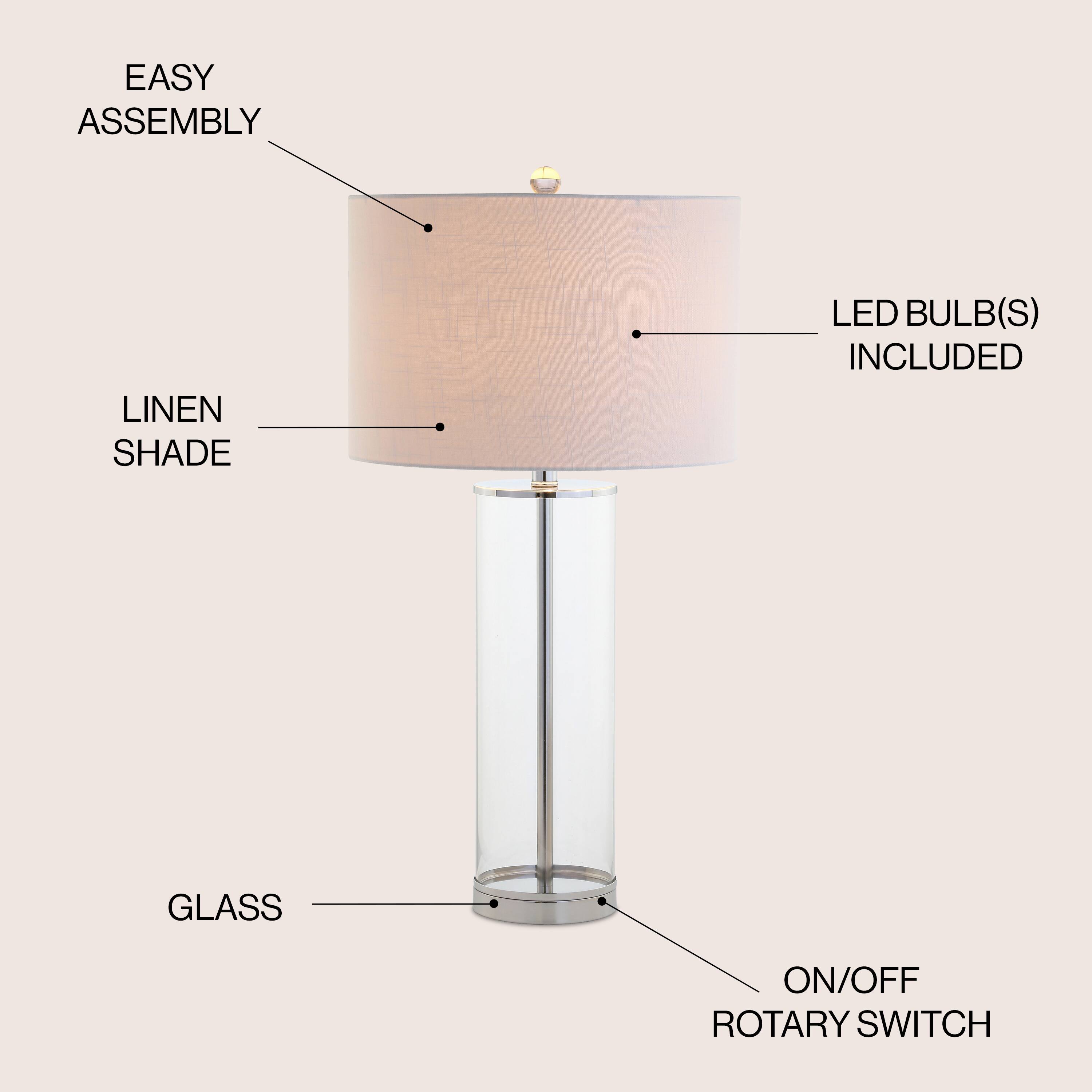 - EASY ASSEMBLY
- LINEN SHADE
- LED BULB(S) INCLUDED
- GLASS
- ON/OFF ROTARY SWITCH