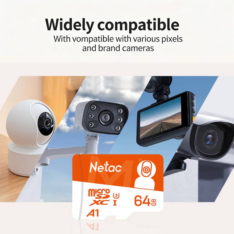 Widely compatible  
With compatible with various pixels and brand cameras  

Netac  
micro SDXC I  
64 GB  
A1