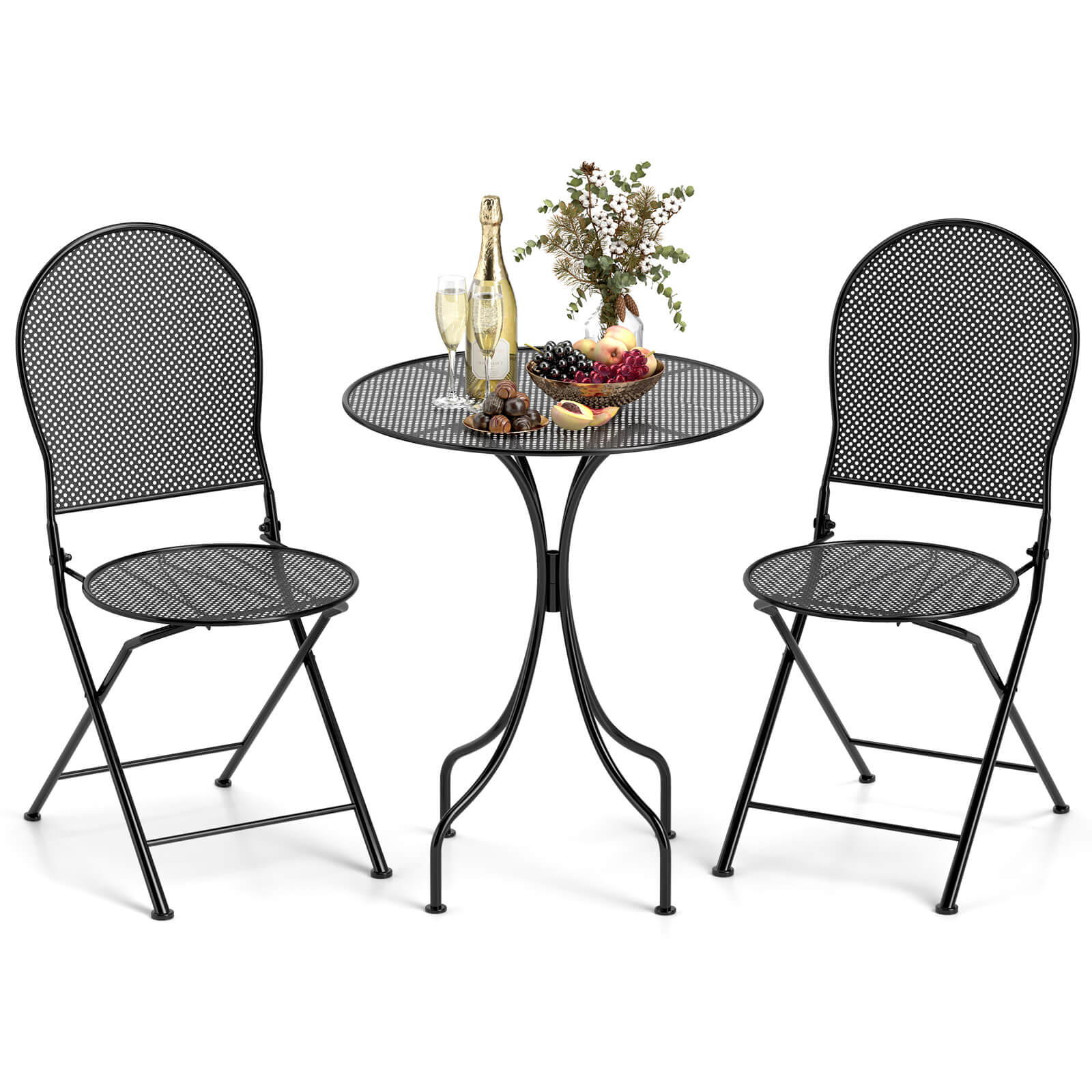 Costway - 3 PCS Metal Bistro Set Round Table & 2 Folding Chairs with Rattan-Like Pattern - Black