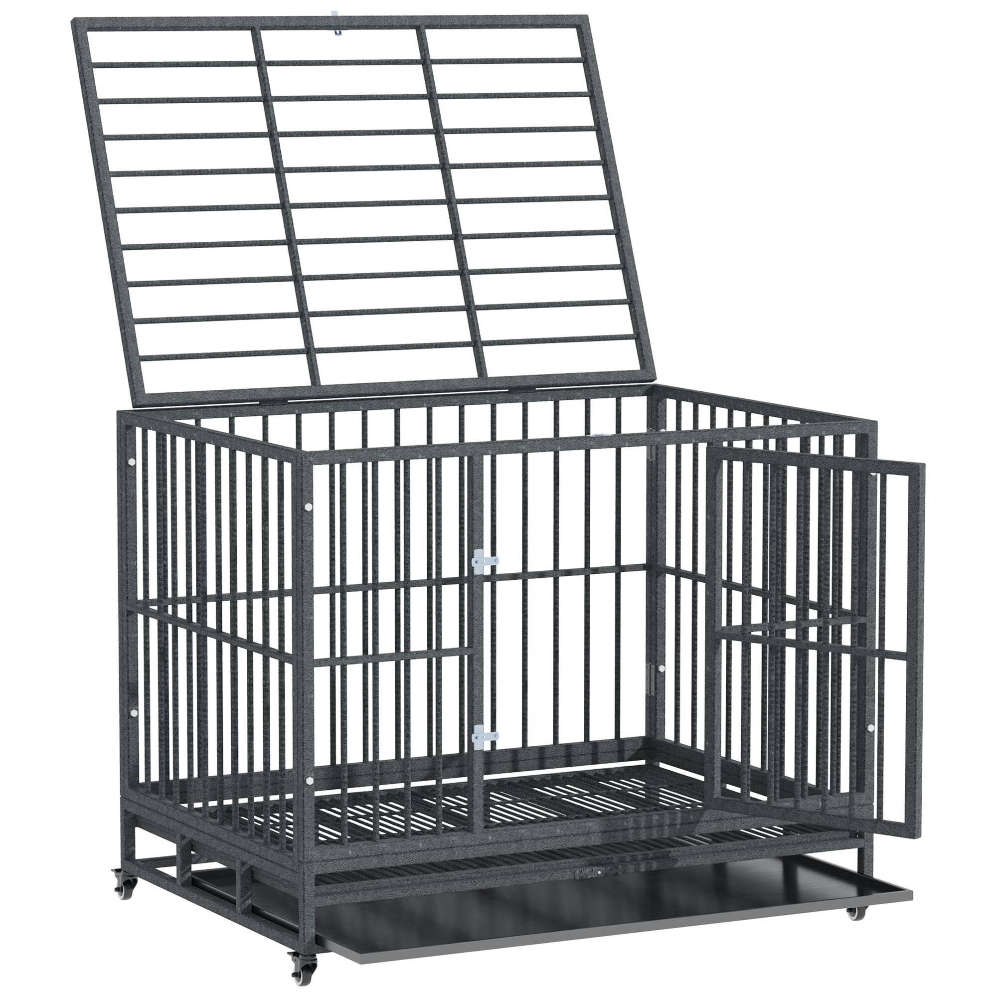 Alt View 4. Pawhut - 43" Heavy Duty Dog Crate Metal Cage Kennel with Lockable Wheels, Double Door and Removable Tray.