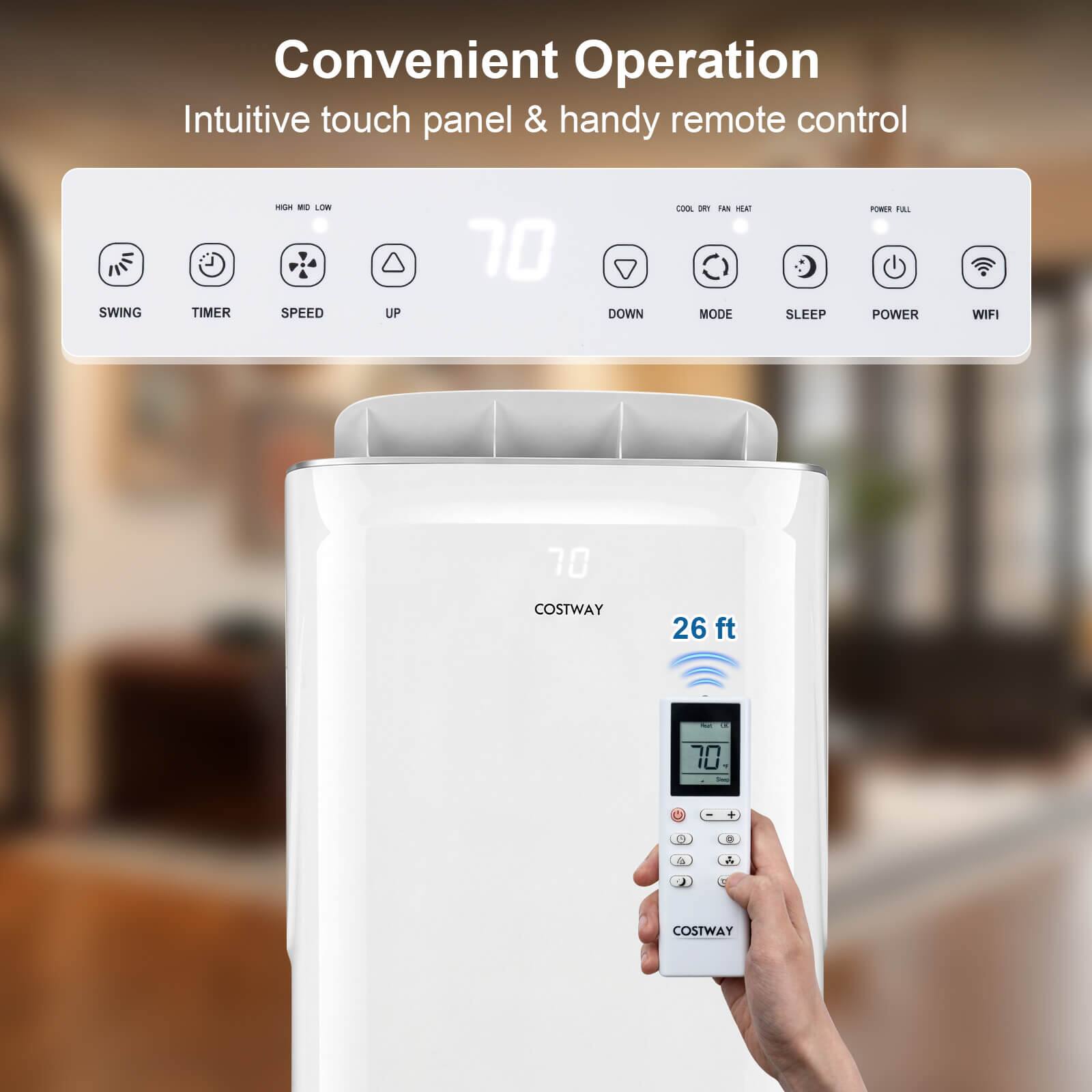 Convenient Operation  
Intuitive touch panel & handy remote control  

SWING TIMER  
1. ME LOW SPEED UP  
70 DOWN COOK - TAS MEAT MODE SLEEP POWER FAI POWER WIFI  

70  
COSTWAY  
26 ft  

COSTWAY