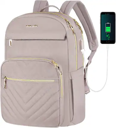Front. Vulpecula Spade - Laptop Backpack for Women Work Bag Fashion with USB Port, Waterproof Stylish Travel Bags Casual Daypacks - Quilted Light Dusty Pink/Grey Purple.