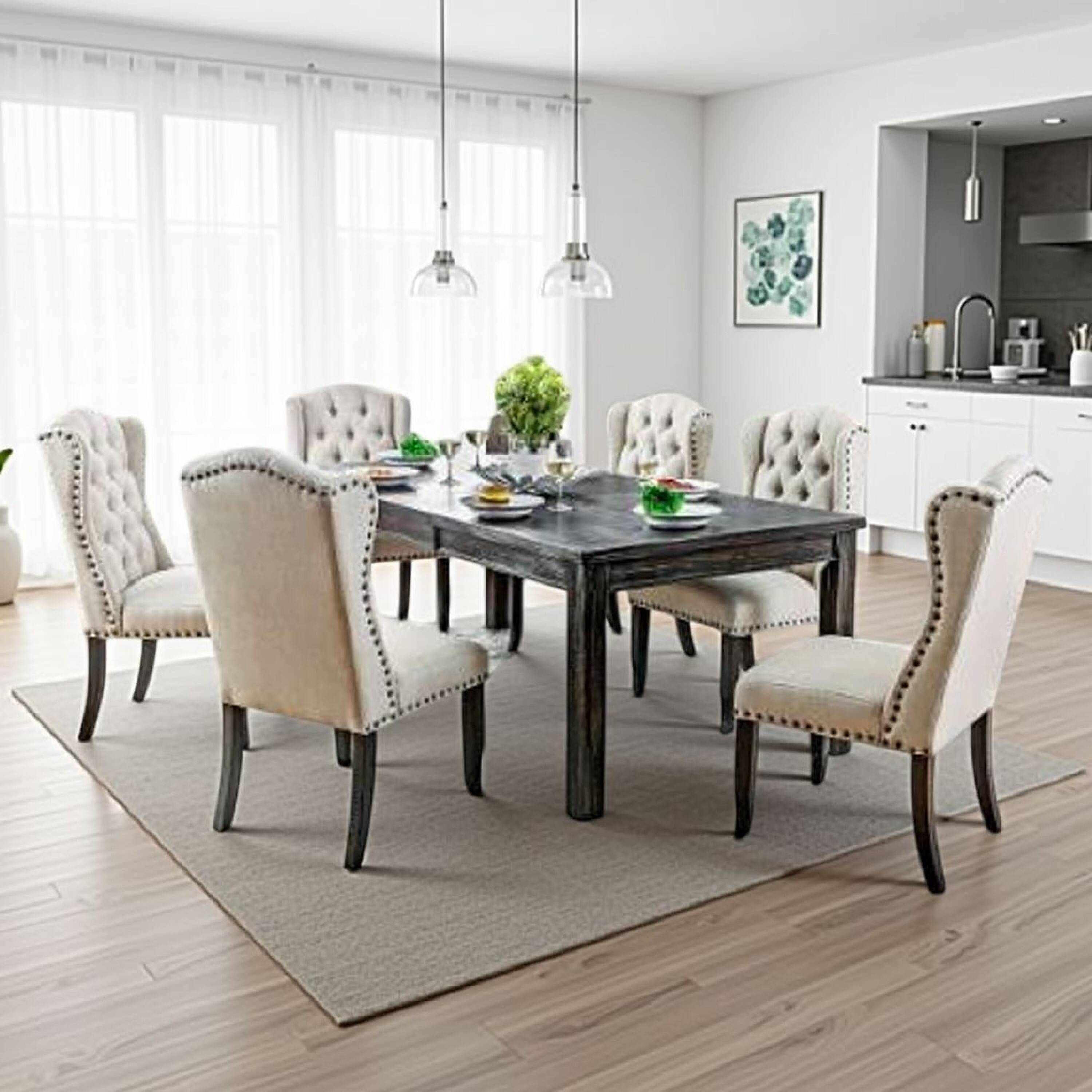 Alt View 5. Manhattan Lane - Bega 7pc Dining Table and Wingback Chair Set, Beige Linen, Black Wood - Black, Beige.