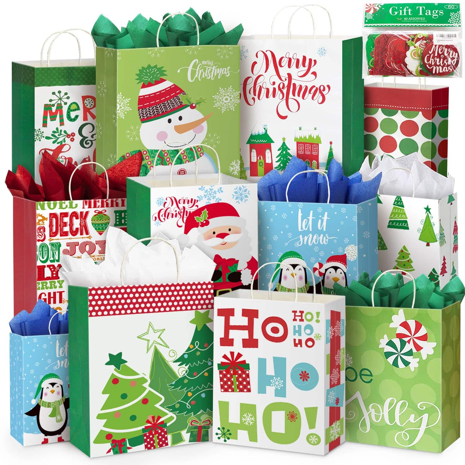 EZTW1 - 24 Christmas Gift Paper Bags Bulk With Handles And 60 Count Tags-assorted Sizes Set For Wrapping Xmas Holiday - giftbags1