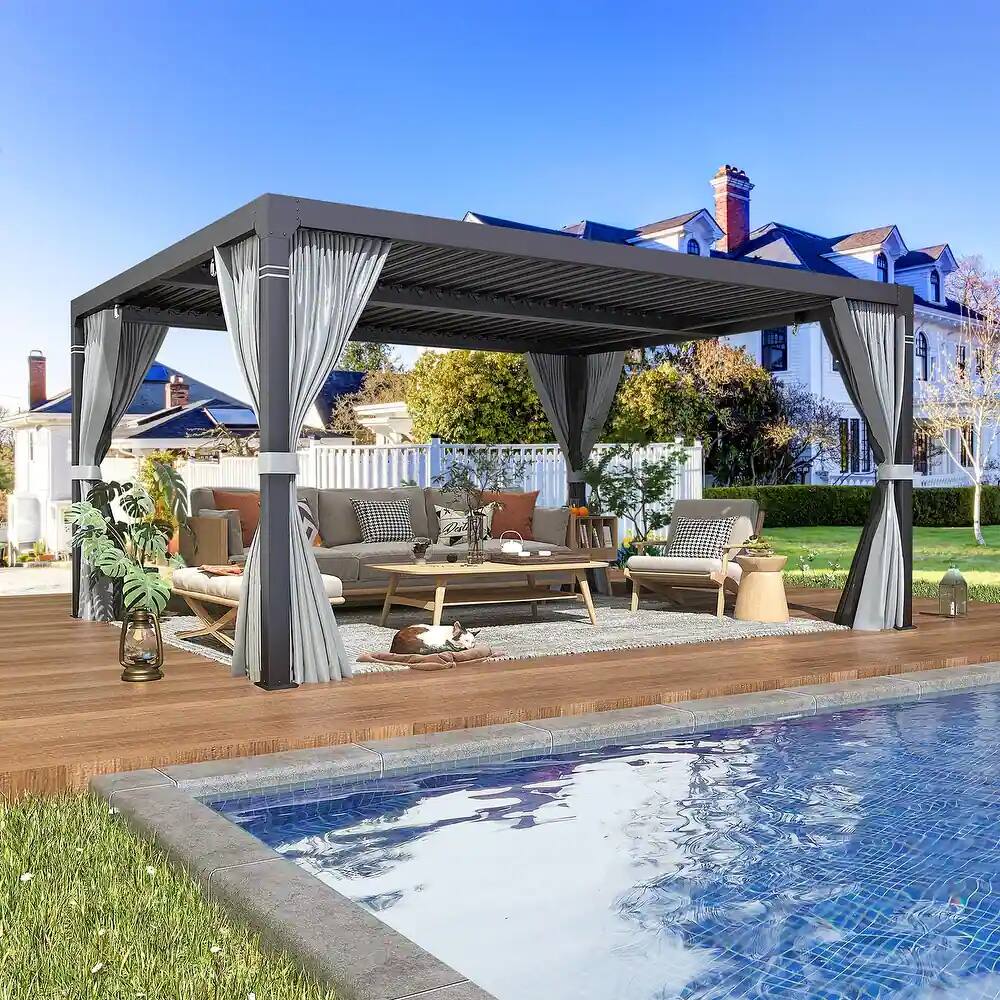 Left. U-HOMY - 10'x12' Outdoor Living Louvered Pergola - Adjustable & Rainproof Aluminum Roof Gazebo - Dark Grey.