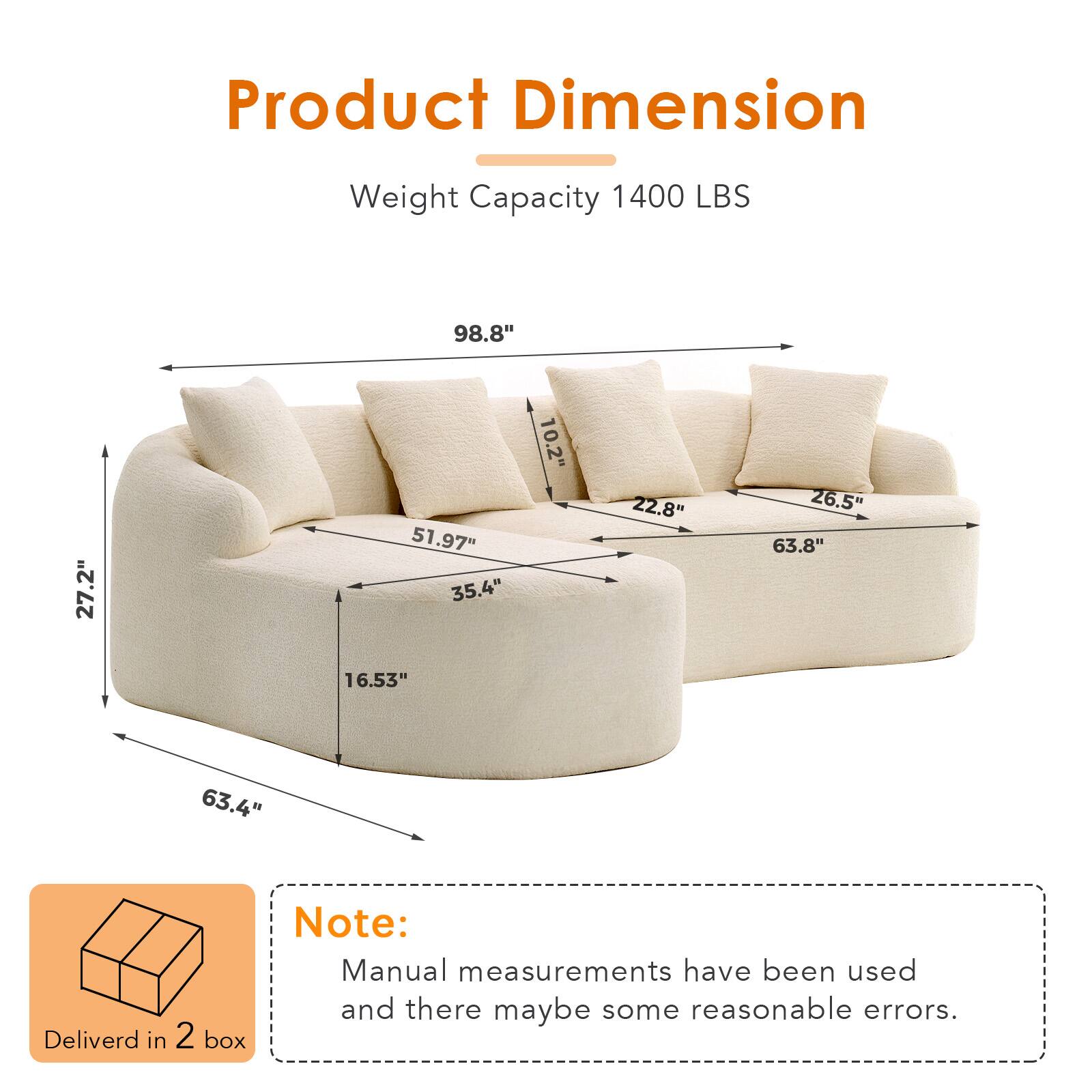 Product Dimension  
Weight Capacity: 1400 LBS  
Dimensions:  
- 98.8"  
- 27.2"  
- 51.97"  
- 35.4"  
- 10.2"  
- 22.8"  
- 26.5"  
- 63.8"  
- 16.53"  
- 63.4"  

Delivered in 2 box  

Note: Manual measurements have been used and there may be some reasonable errors.
