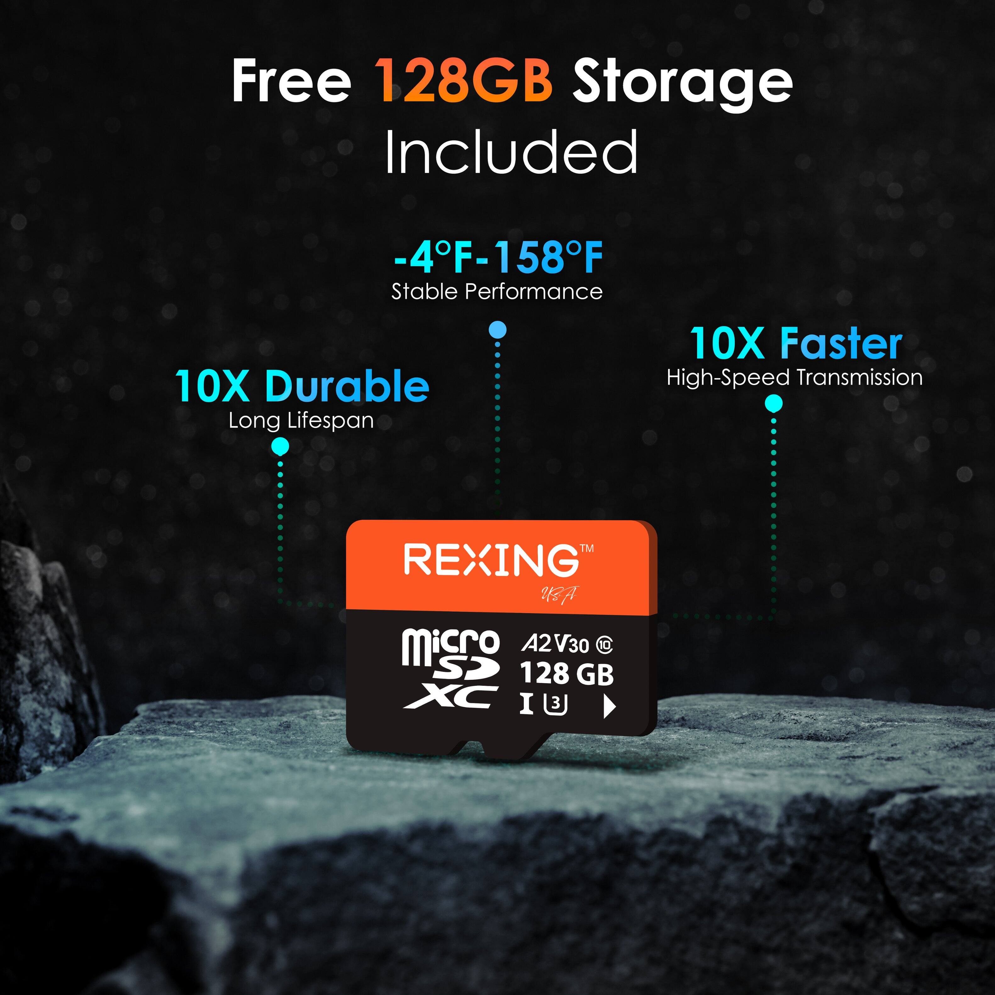 Free 128GB Storage Included -4F-158F Stable Performance 10X Faster 10X Durable High-Speed Transmission Long Lifespan TM REXING 1 micro A2V30 @ S> 128 GB XC I 3