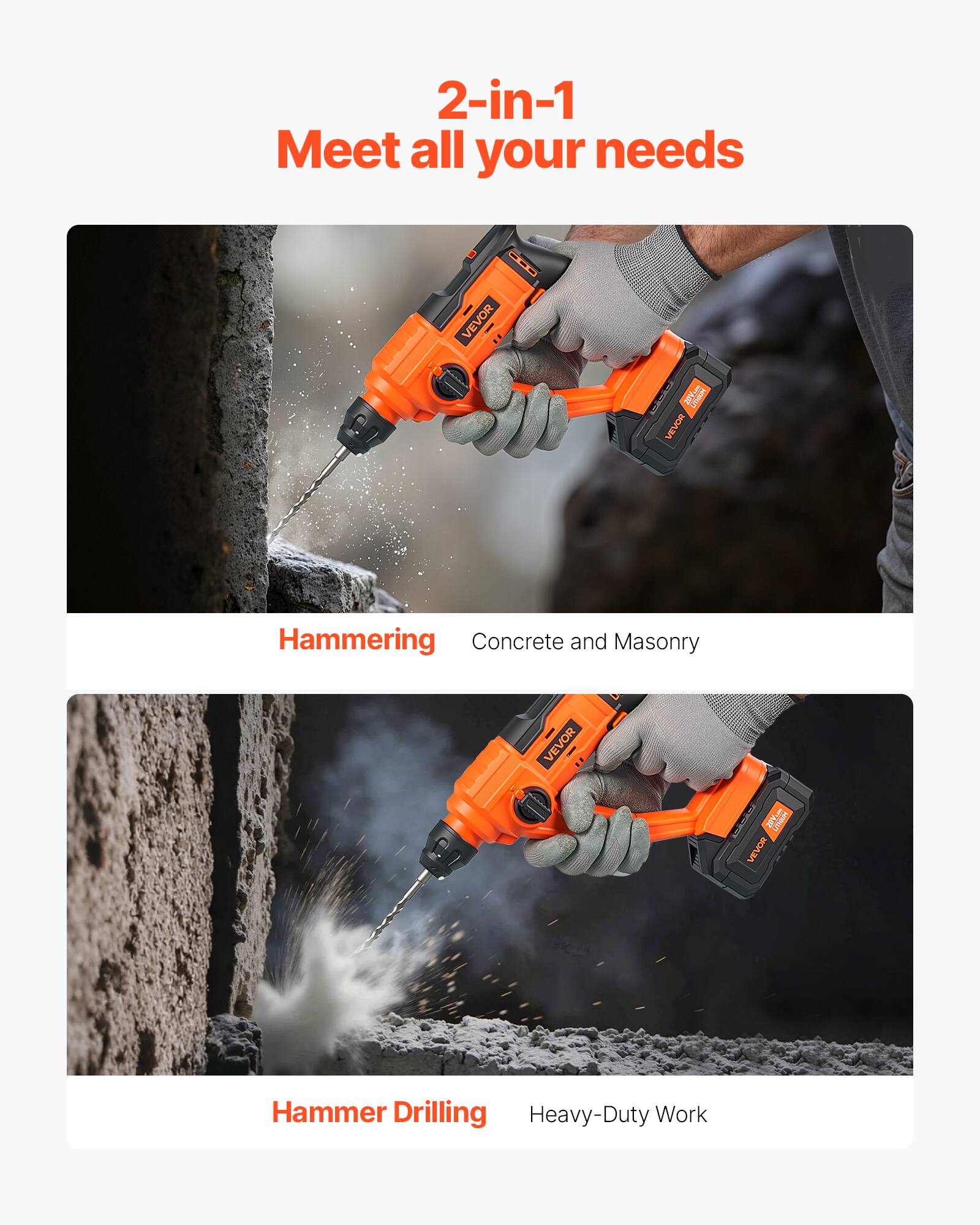 2-in-1  
Meet all your needs

Hammering  
Concrete and Masonry

Hammer Drilling  
Heavy-Duty Work