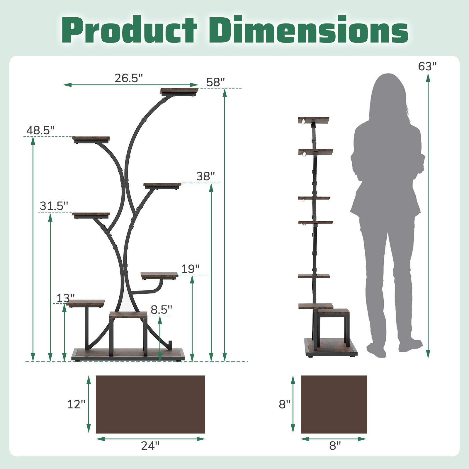 Product Dimensions

- Height: 63"
- Width: 26.5"
- Depth: 58"
- Shelf 1: 48.5" from the ground
- Shelf 2: 38" from the ground
- Shelf 3: 31.5" from the ground
- Shelf 4: 19" from the ground
- Shelf 5: 13" from the ground
- Shelf 6: 8.5" from the ground
- Base: 12" wide, 24" deep
- Side panel: 8" wide, 8" deep