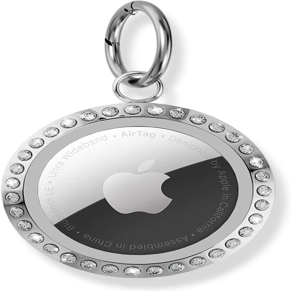 RTMB - Rhinestone AirTag Keychain Case - Sturdy Metal Ring, Bling Design - Silver