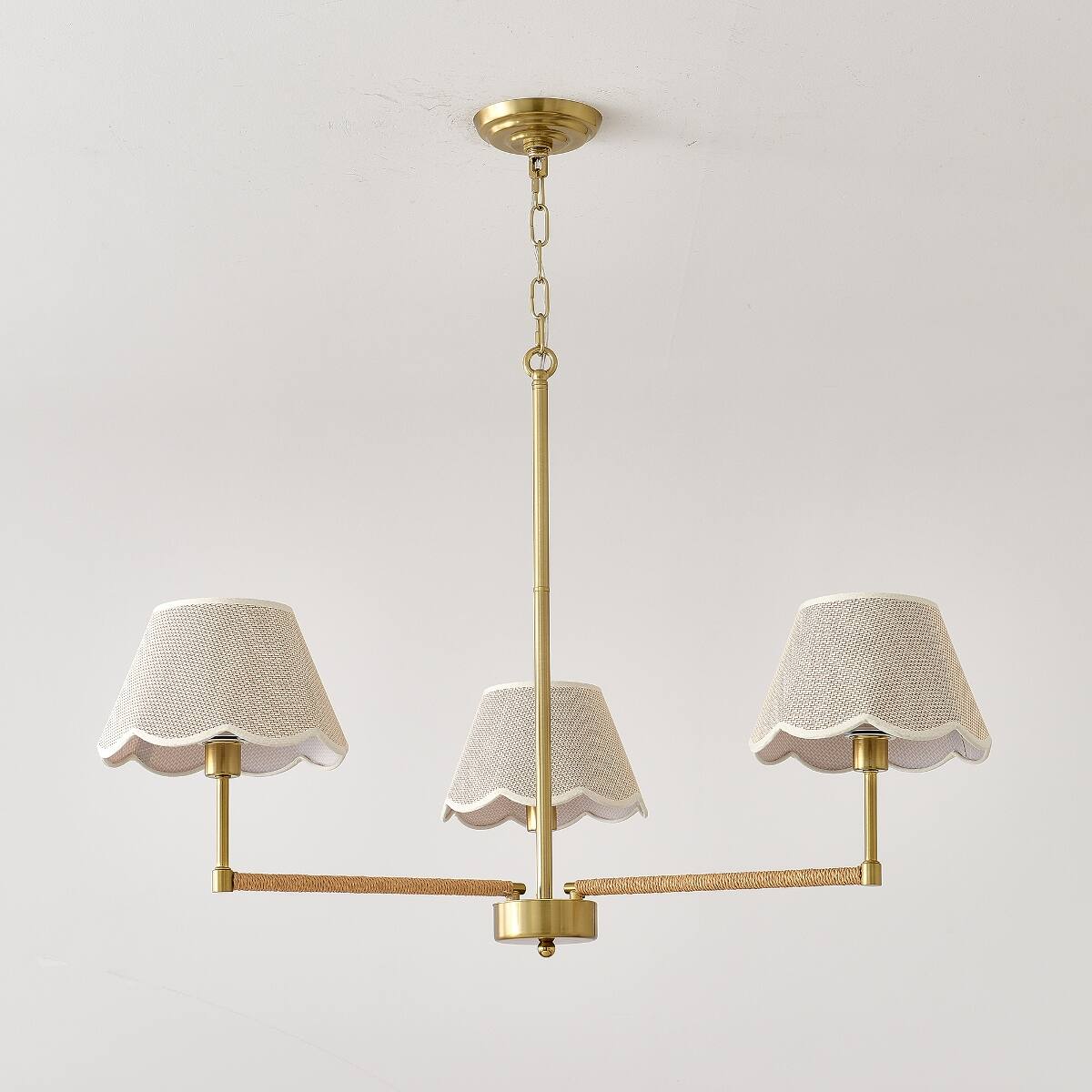 Alt View 2. Loheer - Loheer Three Light Gold Chandelier with Fabric Shades and Rope Accents for Dining Room or Living Room.