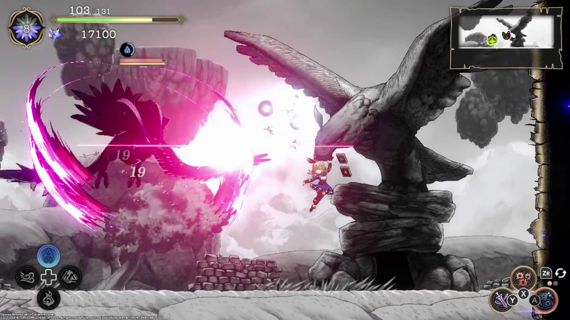 Sure, here is the corrected and grouped text from the image:
---
**Top Left:**
- 103/131
**Top Center:**
- 17100
**Top Right:**
- 19
- 19
**Bottom Left:**
- (Icons for abilities or actions)
**Bottom Center:**
- (Mini-map with character and enemy)
**Bottom Right:**
- ZR
- (Icons for abilities or actions)
**Bottom Center (Small Text):**
- © 2021 Nintendo
- All Rights Reserved
- Nintendo
- NATIONAL GEOGRAPHIC
**Bottom Center (Large Text):**
- FACTORIS OMPIJ HART
- E L 10rual UensdEo 20 Bodicheday OFA
- FORY NTI
**Bottom Center (Small Text):**
- Nintenda aio2 C2021 oth2n0tDCTROMscr
**Bottom Center (Small Text):**
- Mintandolaitchwrwrhat
---
This text appears to be a mix of game interface elements, copyright information, and possibly some encoded or scrambled text.