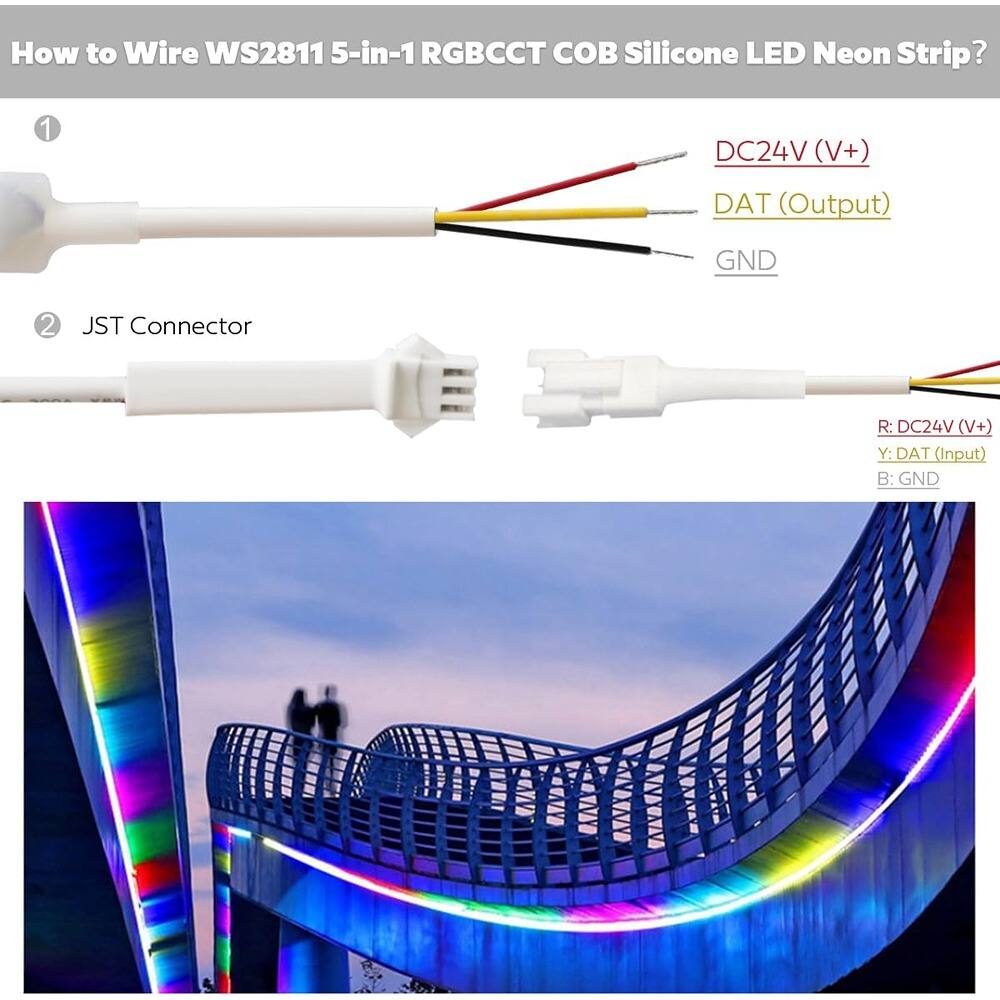 How to Wire WS2811 5-in-1 RGBCCCT COB Silicone LED Neon Strip?

1. DC24V (V+)
   DAT (Output)
   GND

2. JST Connector
   R: DC24V (V+)
   Y: DAT (Input)
   B: GND