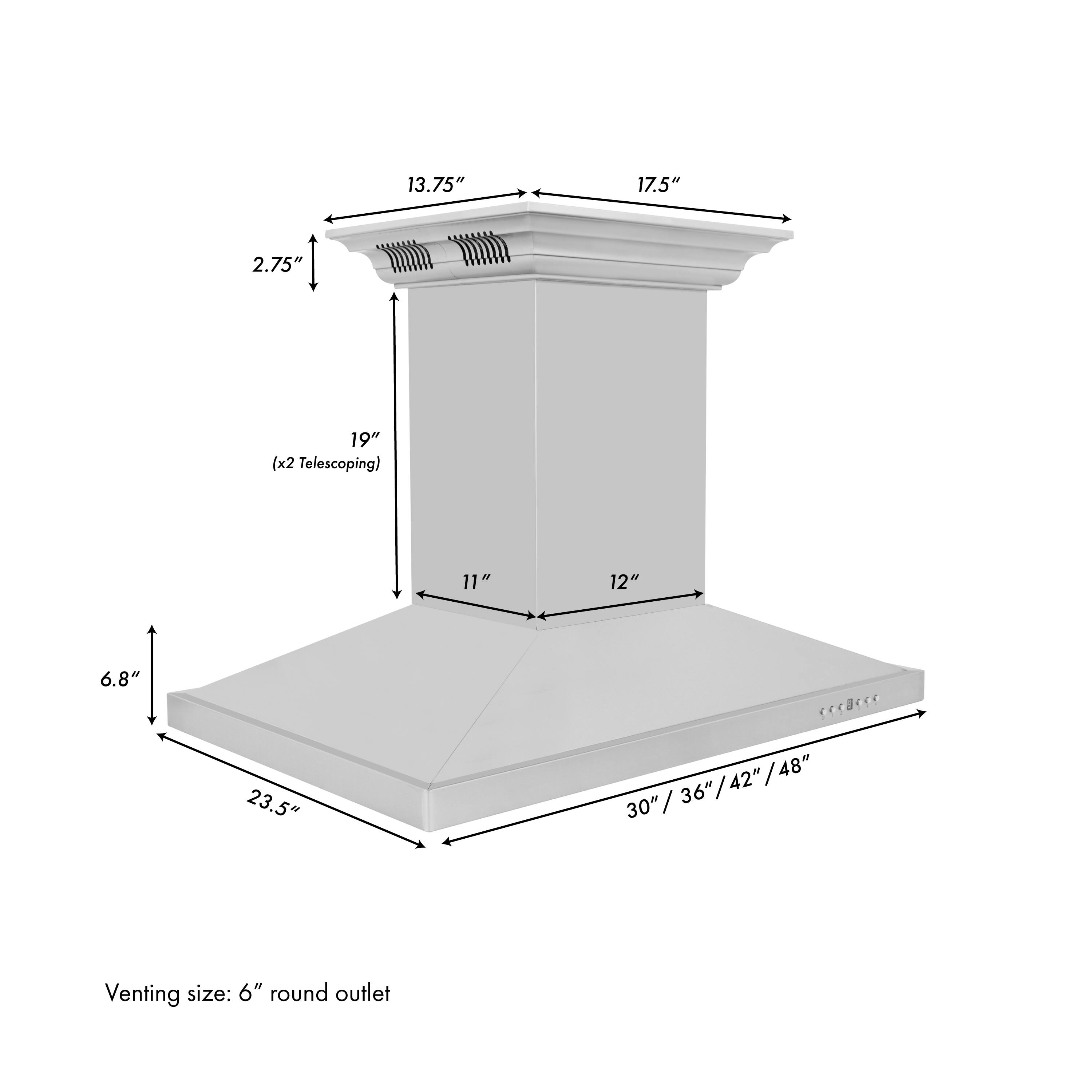 13.75" 17.5" 2.75" 19" (x2 Telescoping) 11" 12" 6.8" 23.5" 30"/36"/42"/48" 36" / 30" / Venting size: 6" round outlet