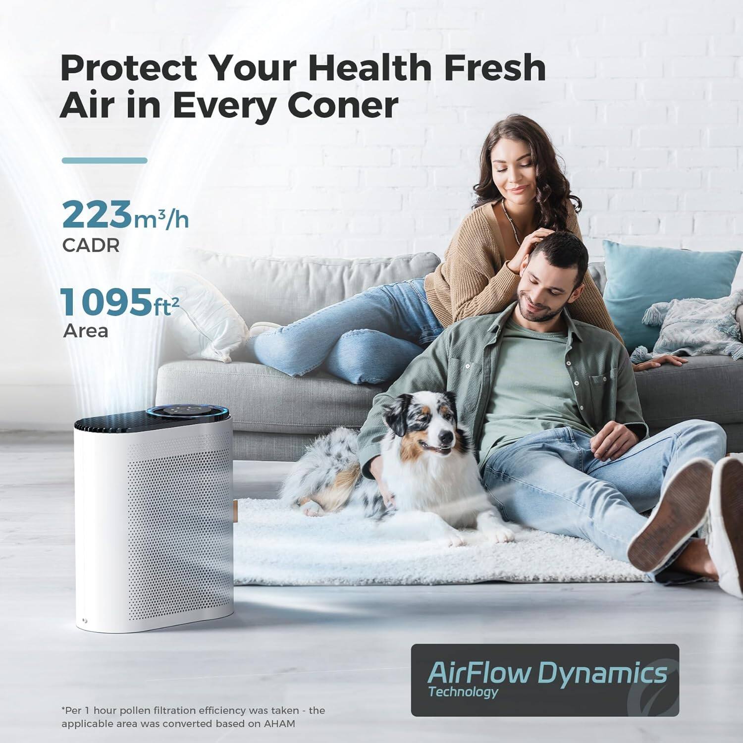 Protect Your Health Fresh Air in Every Corner

223 m³/h CADR

1095 ft² Area

*Per 1 hour pollen filtration efficiency was taken - the applicable area was converted based on AHAM

AirFlow Dynamics Technology