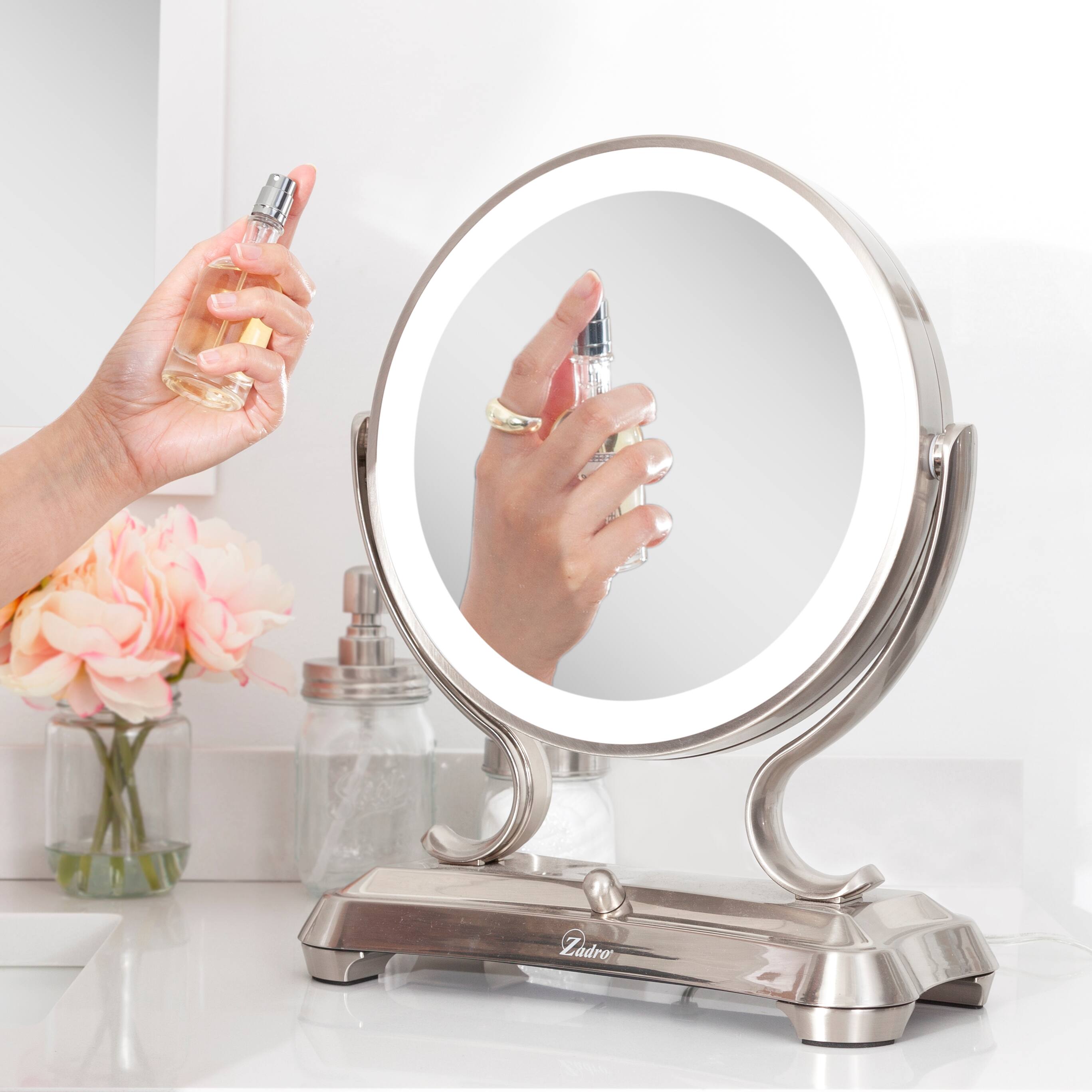 Alt View 3. Zadro - Glamour LED Lighted Makeup Mirror with Dual 5X/1X Magnifications and 3 Lighting Options - Satin Nickel.