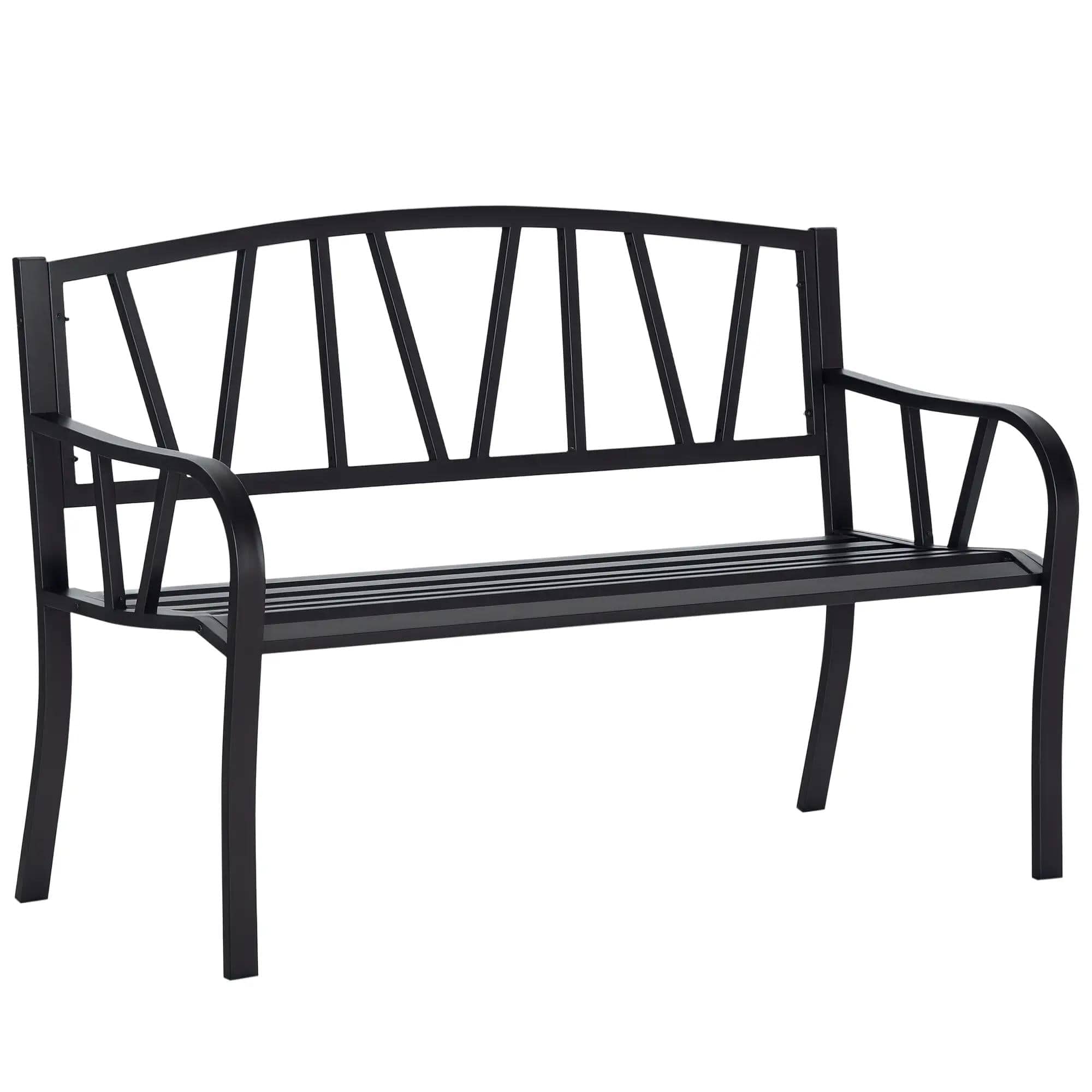 Resenkos - Metal Bench, V-Backrest Park Bench, Slatted Seat Porch Bench, Outdoor Yard Furniture - Black