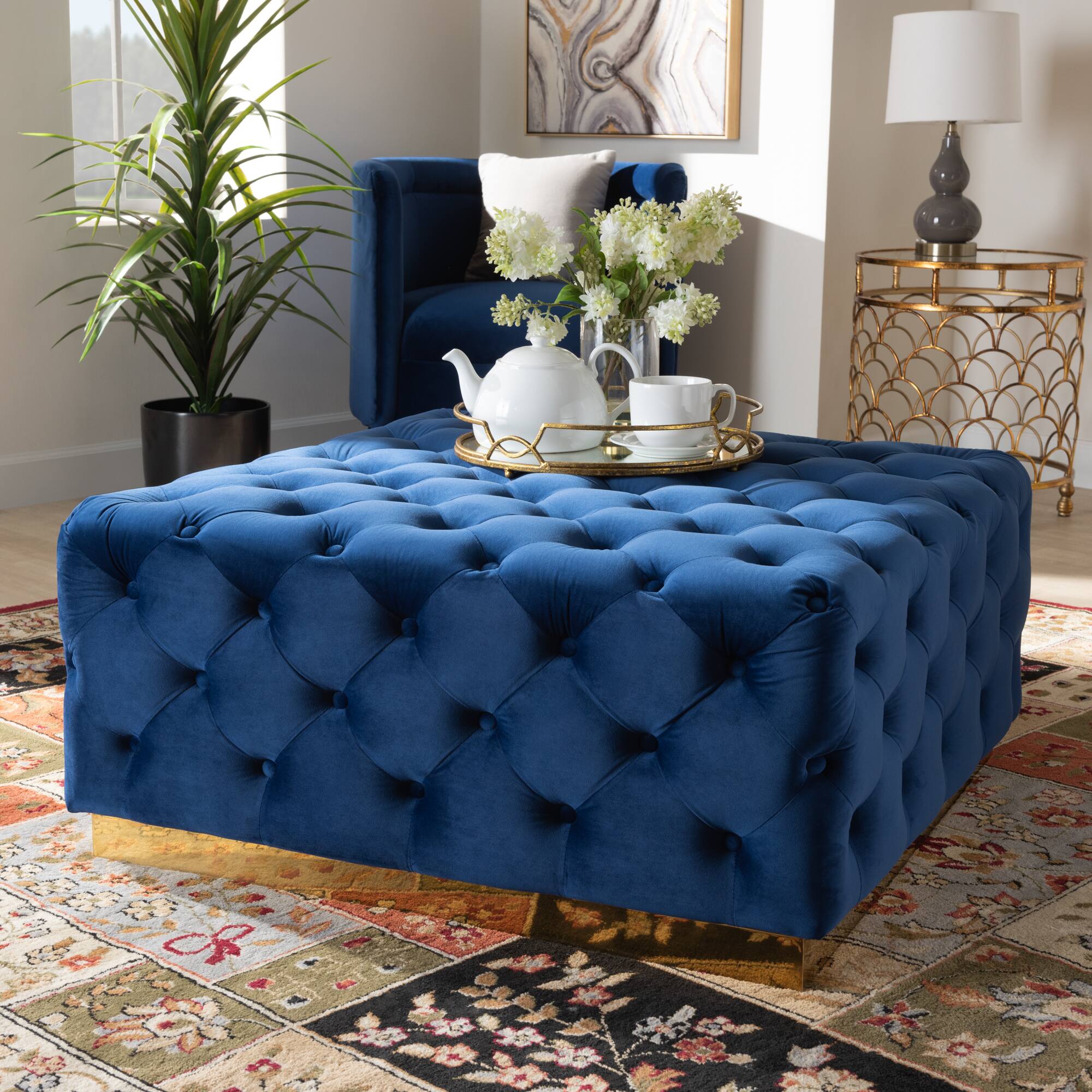 Alt View 1. Baxton Studio - Verene Glam and Luxe Velvet Fabric Upholstered Gold Finished Square Cocktail Ottoman - Royal Blue/Gold.