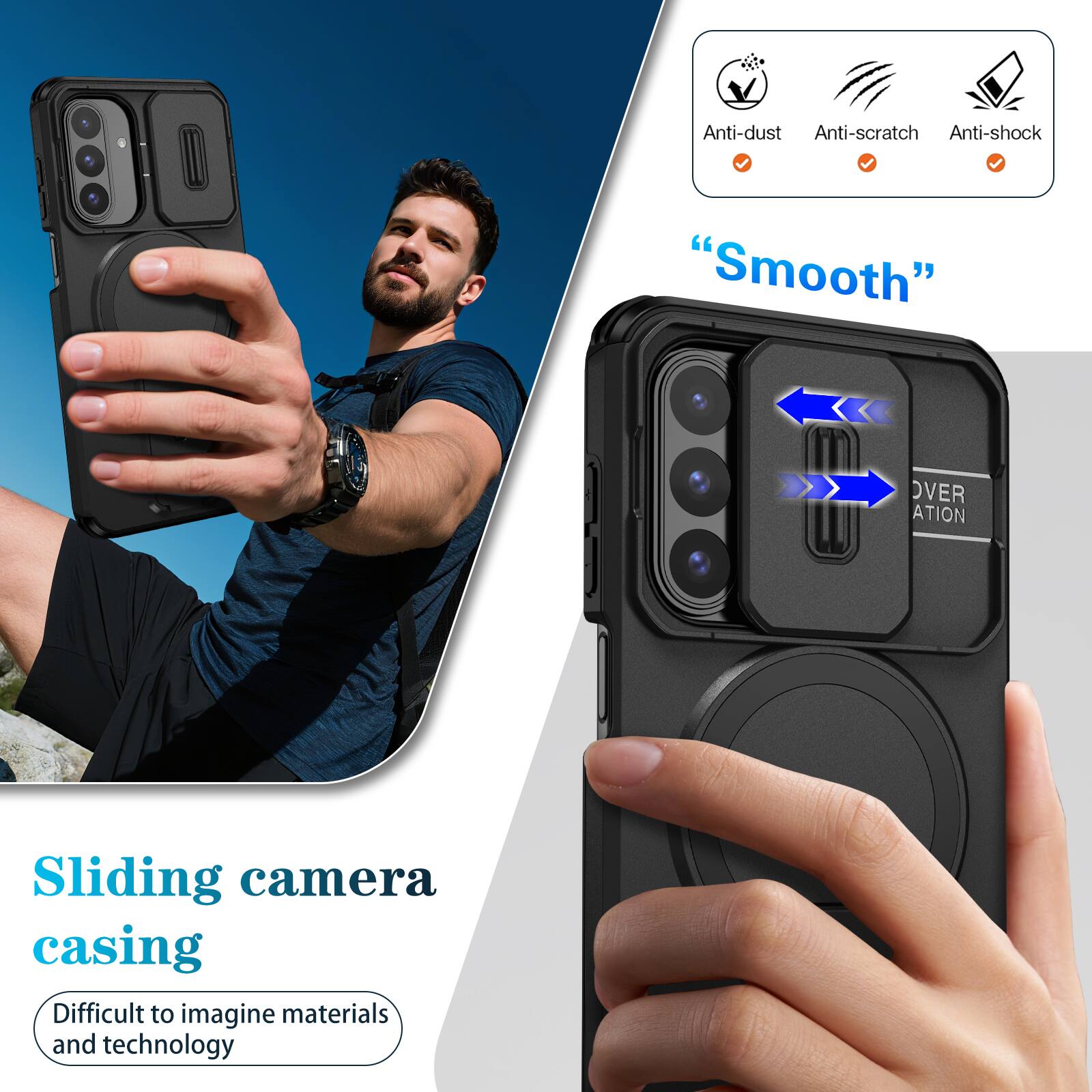 Anti-dust  
Anti-scratch  
Anti-shock  
"Smooth"  
Sliding camera casing  
Difficult to imagine materials and technology