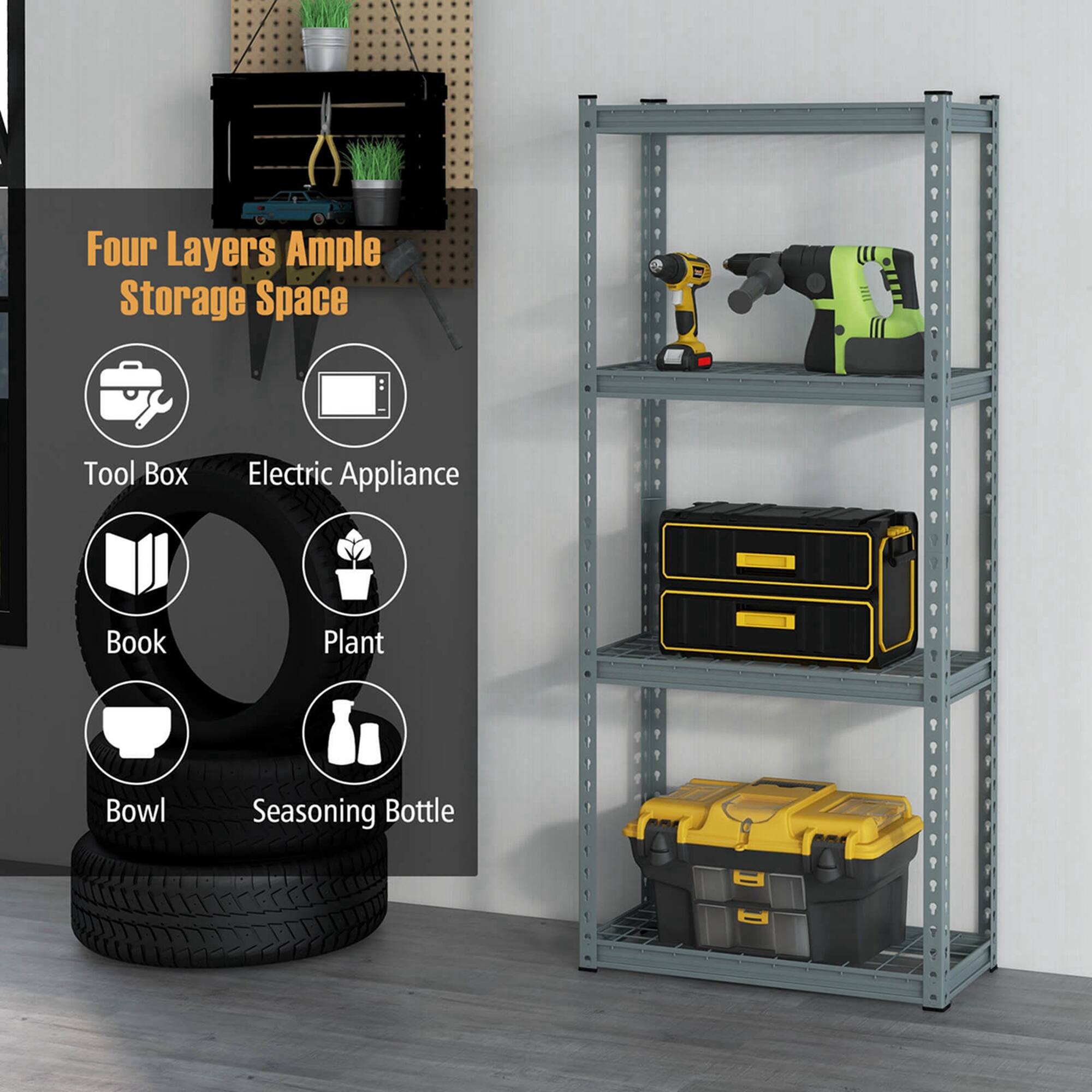 Four Layers Ample Storage Space
Tool Box
Electric Appliance
Book
Plant
Bowl
Seasoning Bottle